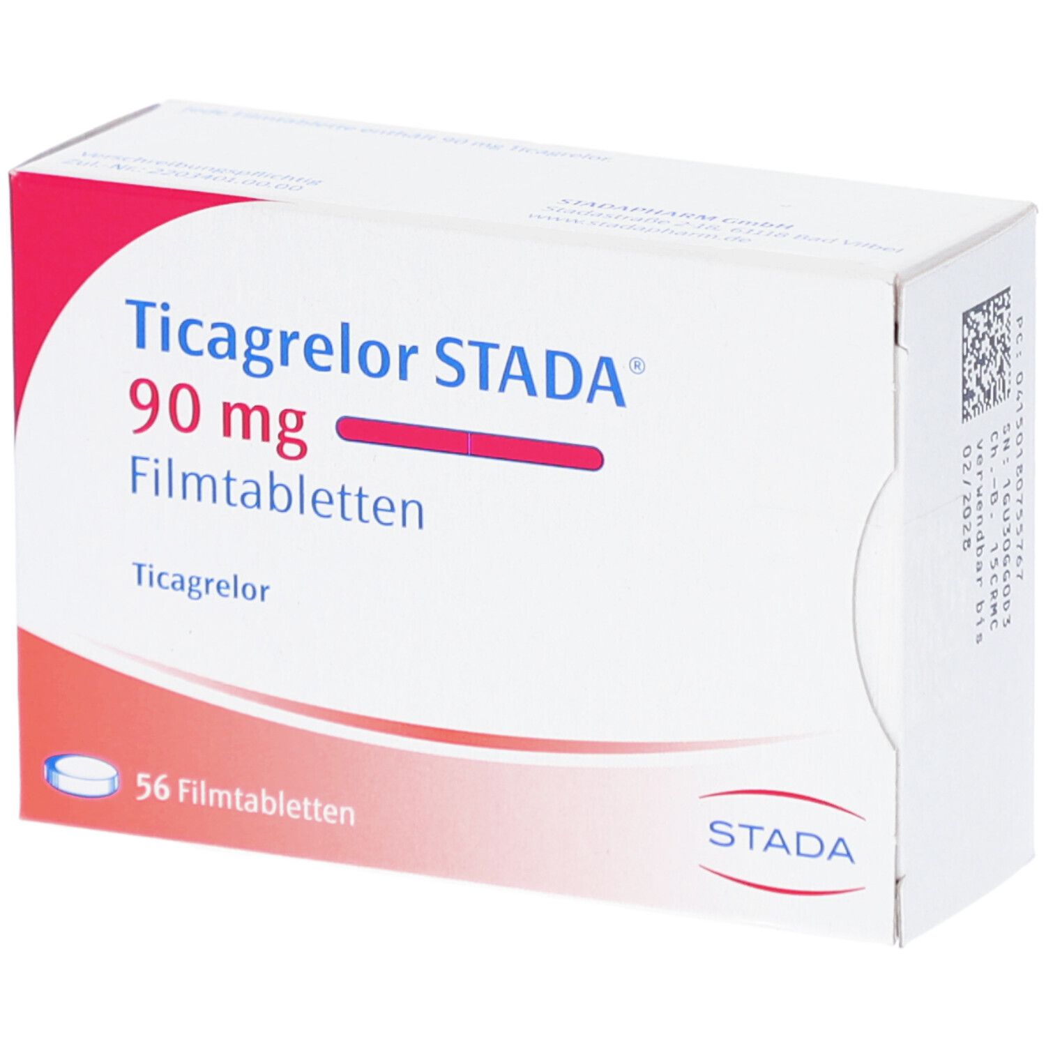 Schachtel mit Ticagrelor STADA 90 mg Filmtabletten. Aufschrift: 56 Filmtabletten. Logo STADA.