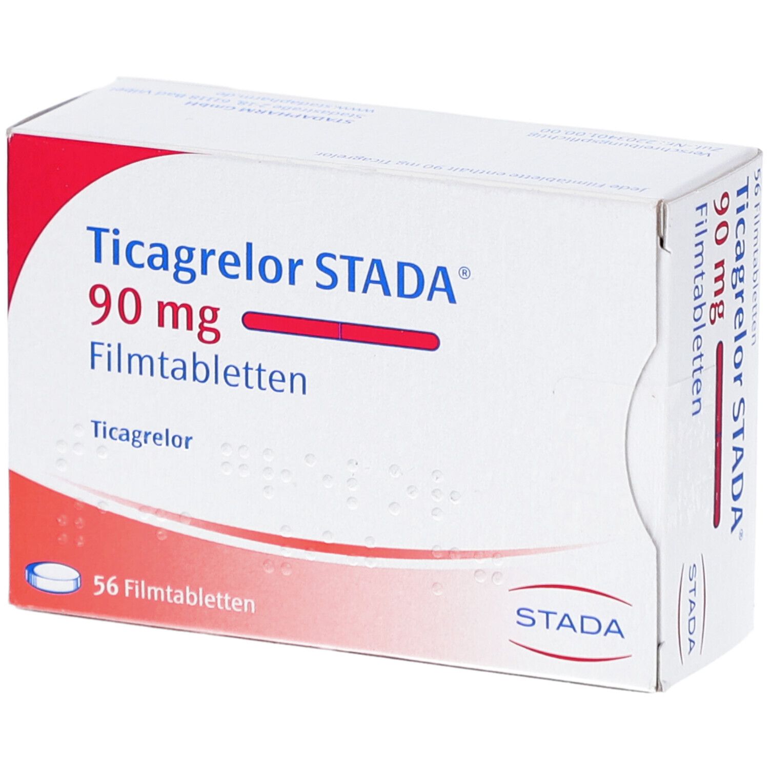 Schachtel mit Ticagrelor STADA 90 mg Filmtabletten. Aufschrift: 56 Filmtabletten. Logo STADA.
