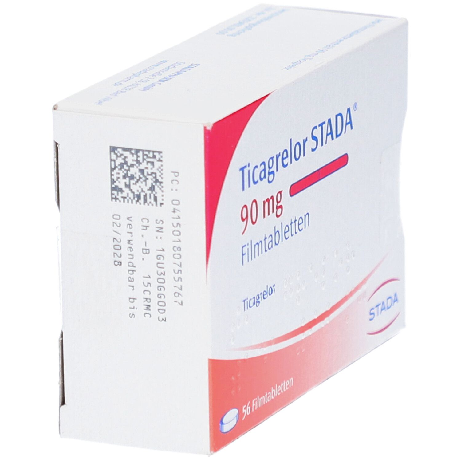 Schachtel mit Ticagrelor STADA 90 mg Filmtabletten. Aufschrift: 56 Filmtabletten. Logo STADA.