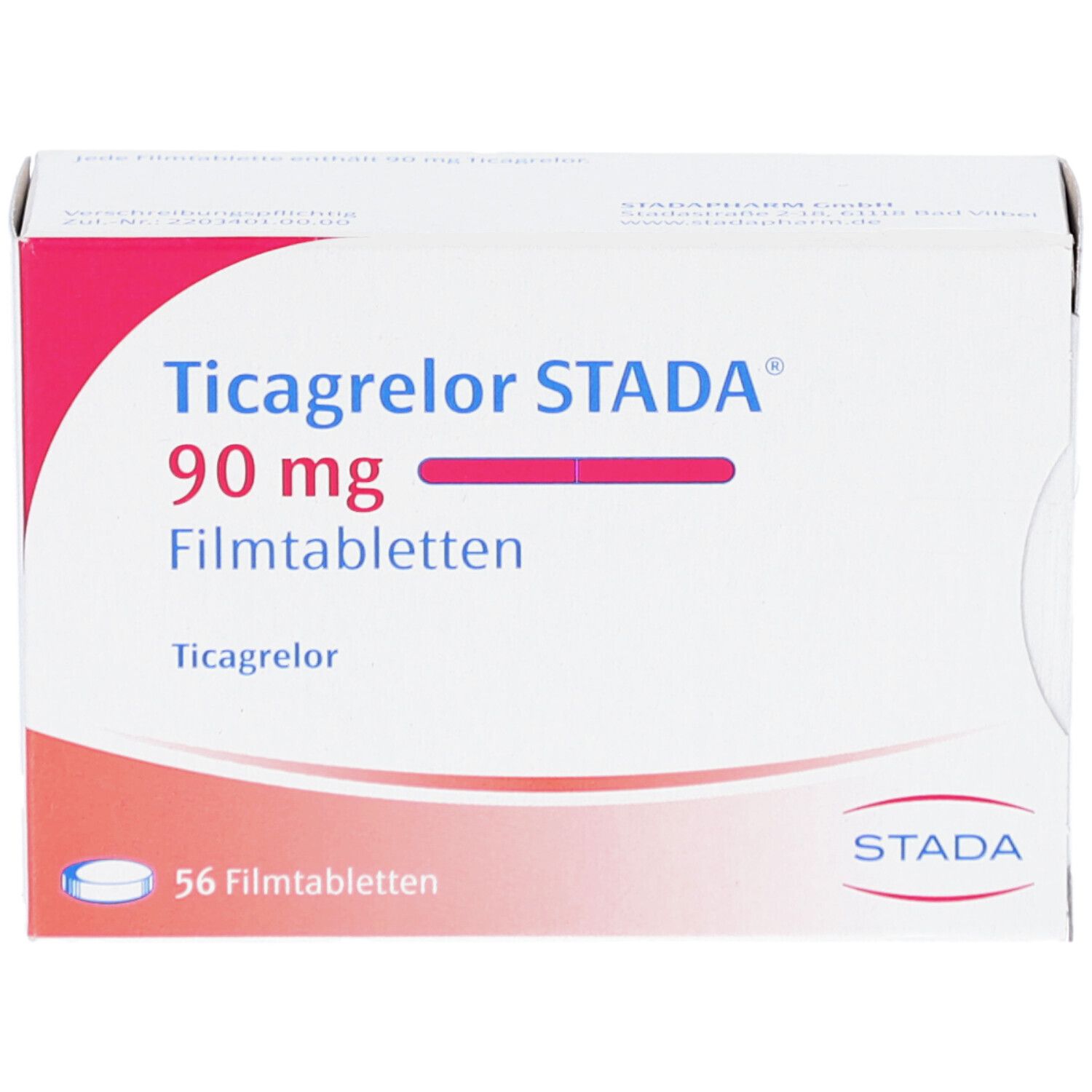 Schachtel mit Ticagrelor STADA 90 mg Filmtabletten. Aufschrift: 56 Filmtabletten. Logo STADA.