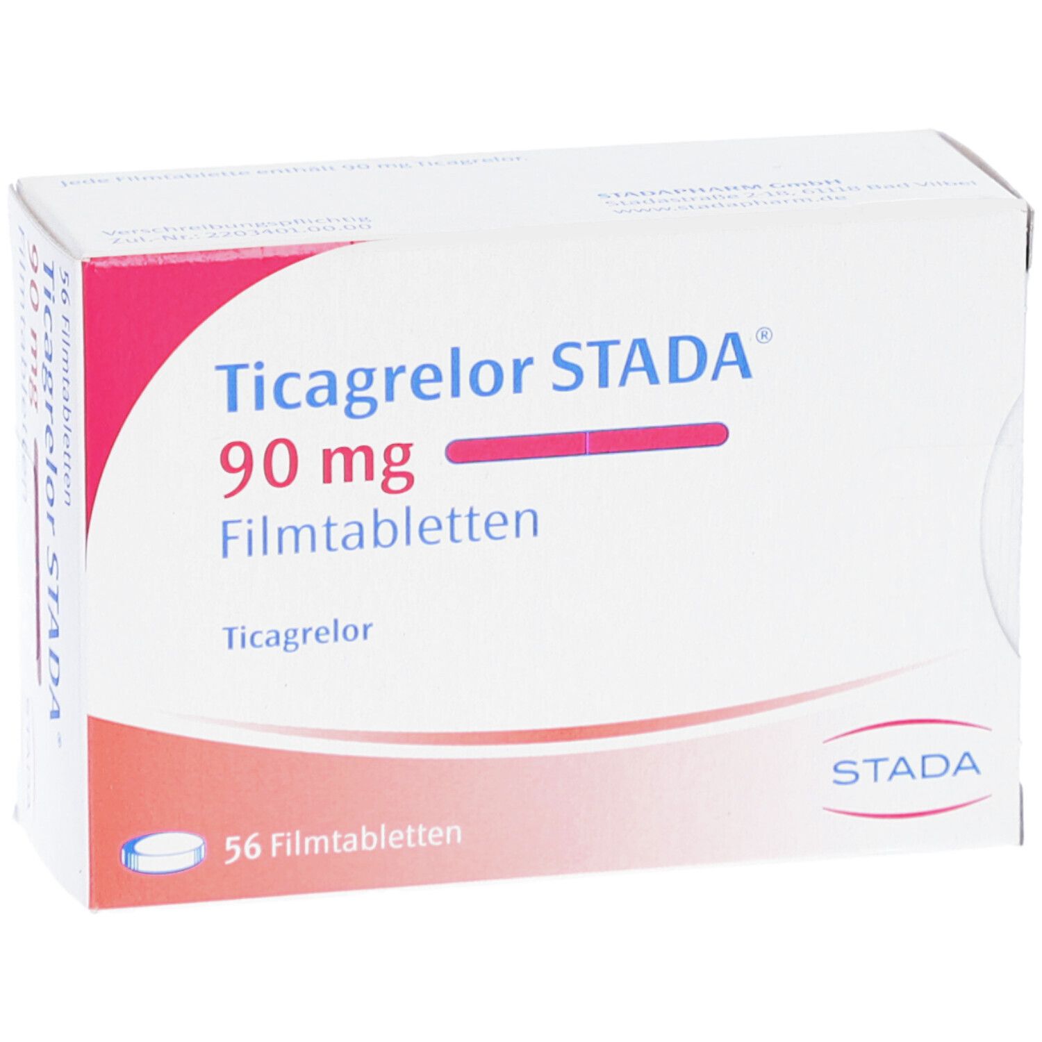 Schachtel mit Ticagrelor STADA 90 mg Filmtabletten. Aufschrift: 56 Filmtabletten. Logo STADA.