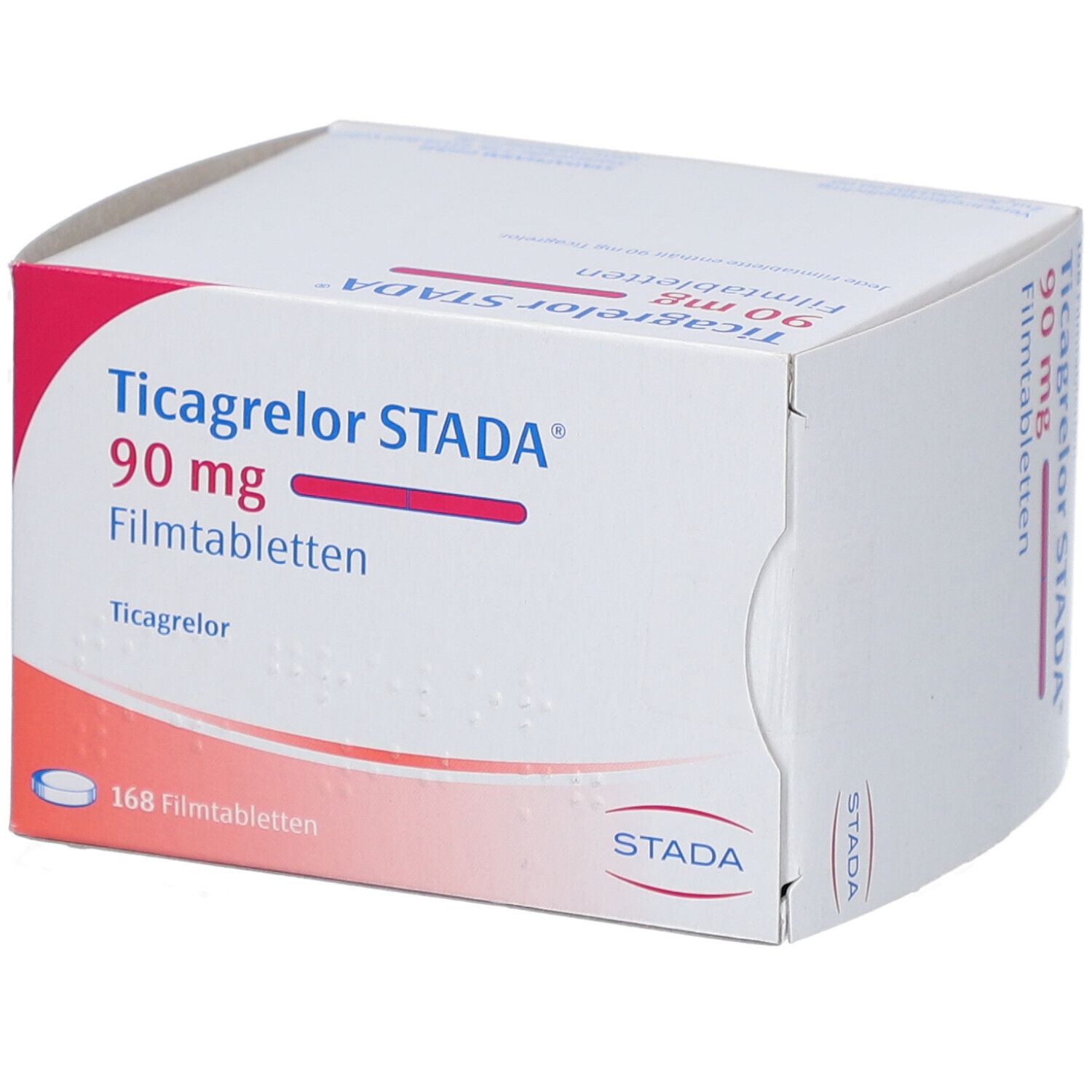 Schachtel mit Ticagrelor STADA 90 mg Filmtabletten. Aufdruck: 168 Filmtabletten, STADA Logo.
