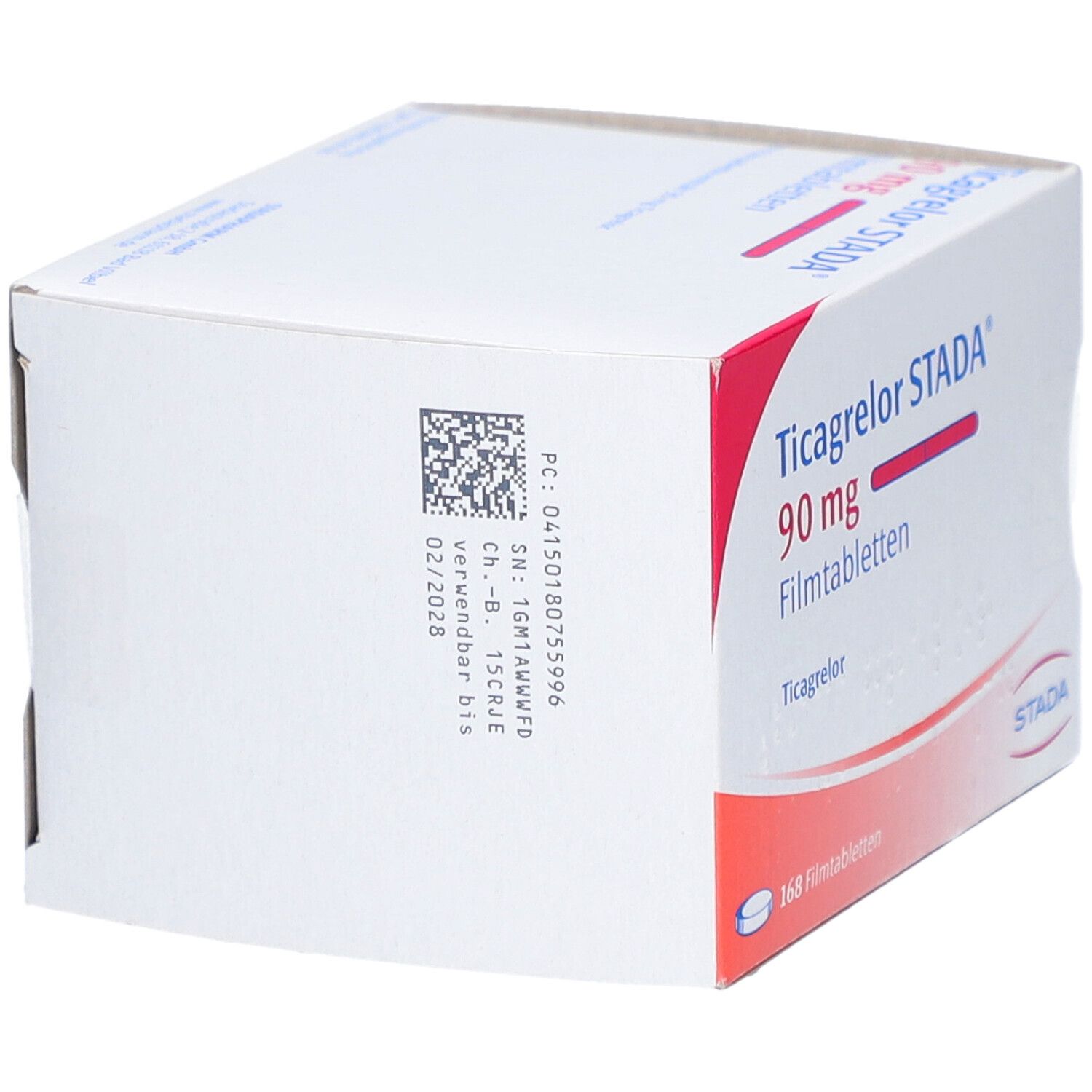 Schachtel mit Ticagrelor STADA 90 mg Filmtabletten. Rückseite mit Barcode und Chargennummer.