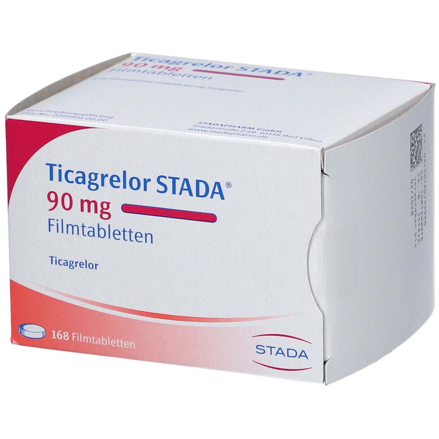 Schachtel mit Ticagrelor STADA 90 mg Filmtabletten. Aufdruck: 168 Filmtabletten, STADA Logo.