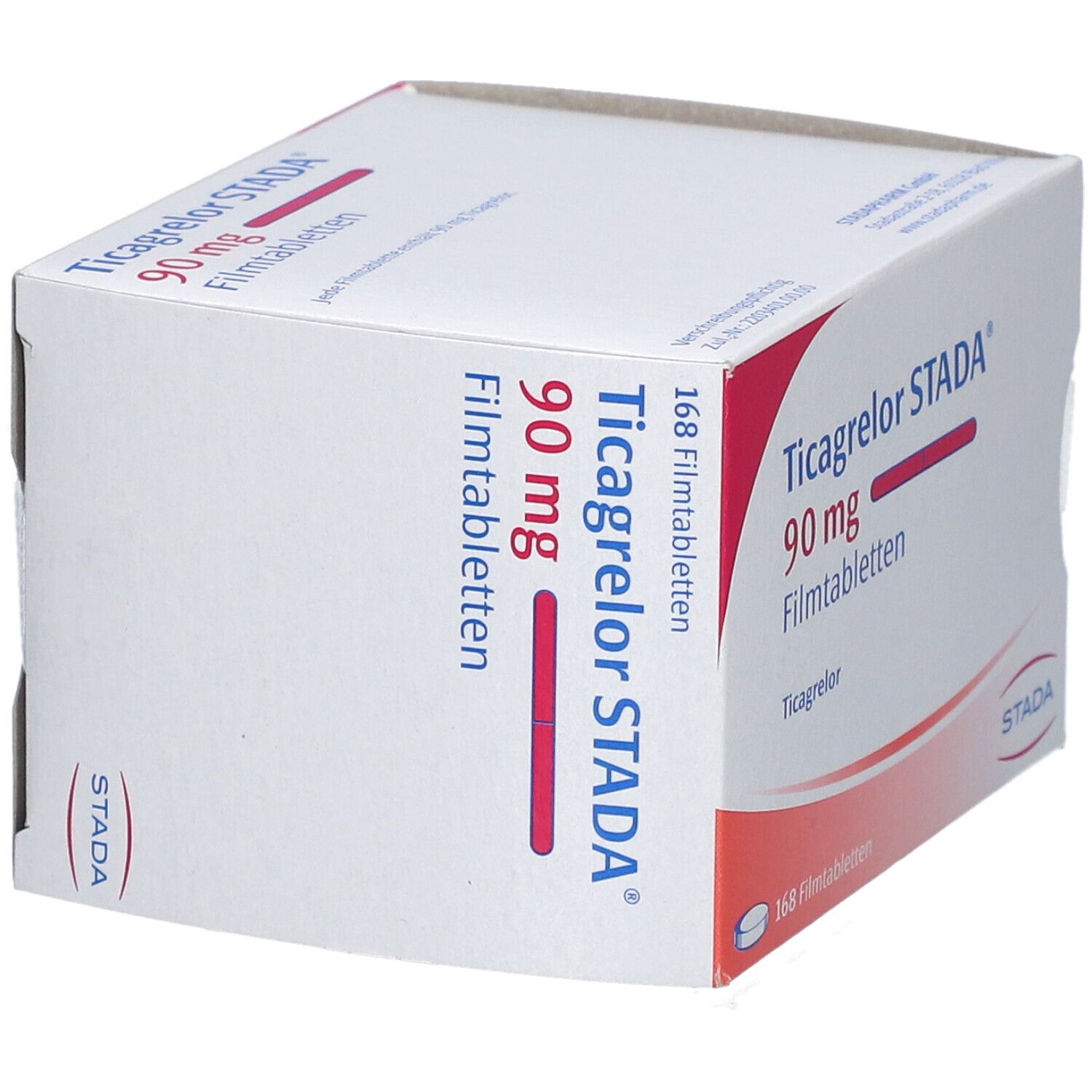 Schachtel mit Ticagrelor STADA 90 mg Filmtabletten. Aufdruck: 168 Filmtabletten, STADA Logo.