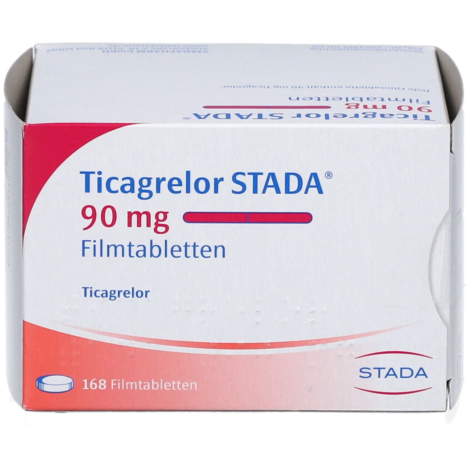 Schachtel mit Ticagrelor STADA 90 mg Filmtabletten. Aufdruck: 168 Filmtabletten, STADA Logo.