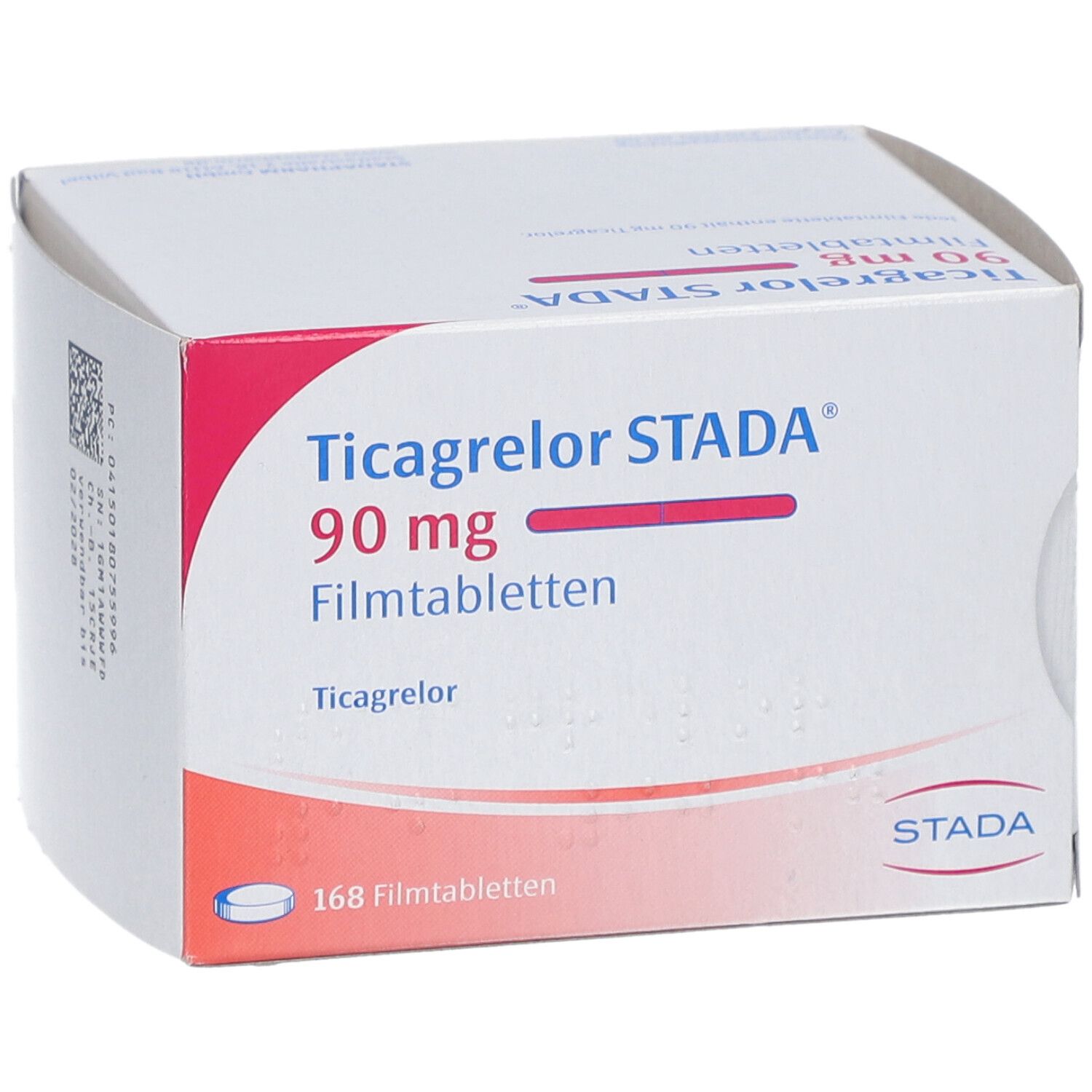 Schachtel mit Ticagrelor STADA 90 mg Filmtabletten. Aufdruck: 168 Filmtabletten, STADA Logo.