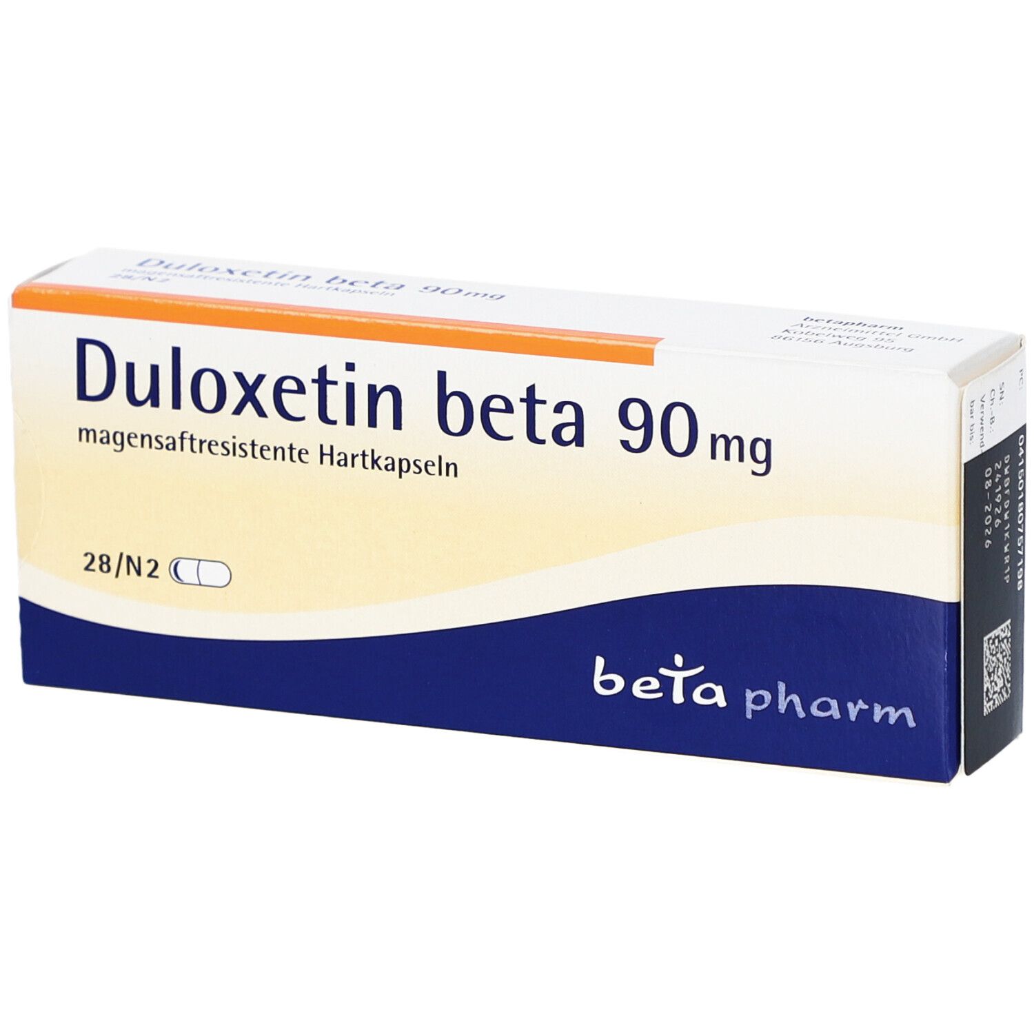 DULOXETIN beta 90 mg magensaftresistente Hartkapseln. Weiße Schachtel mit blauer und orangefarbener Gestaltung. beta pharm Logo.