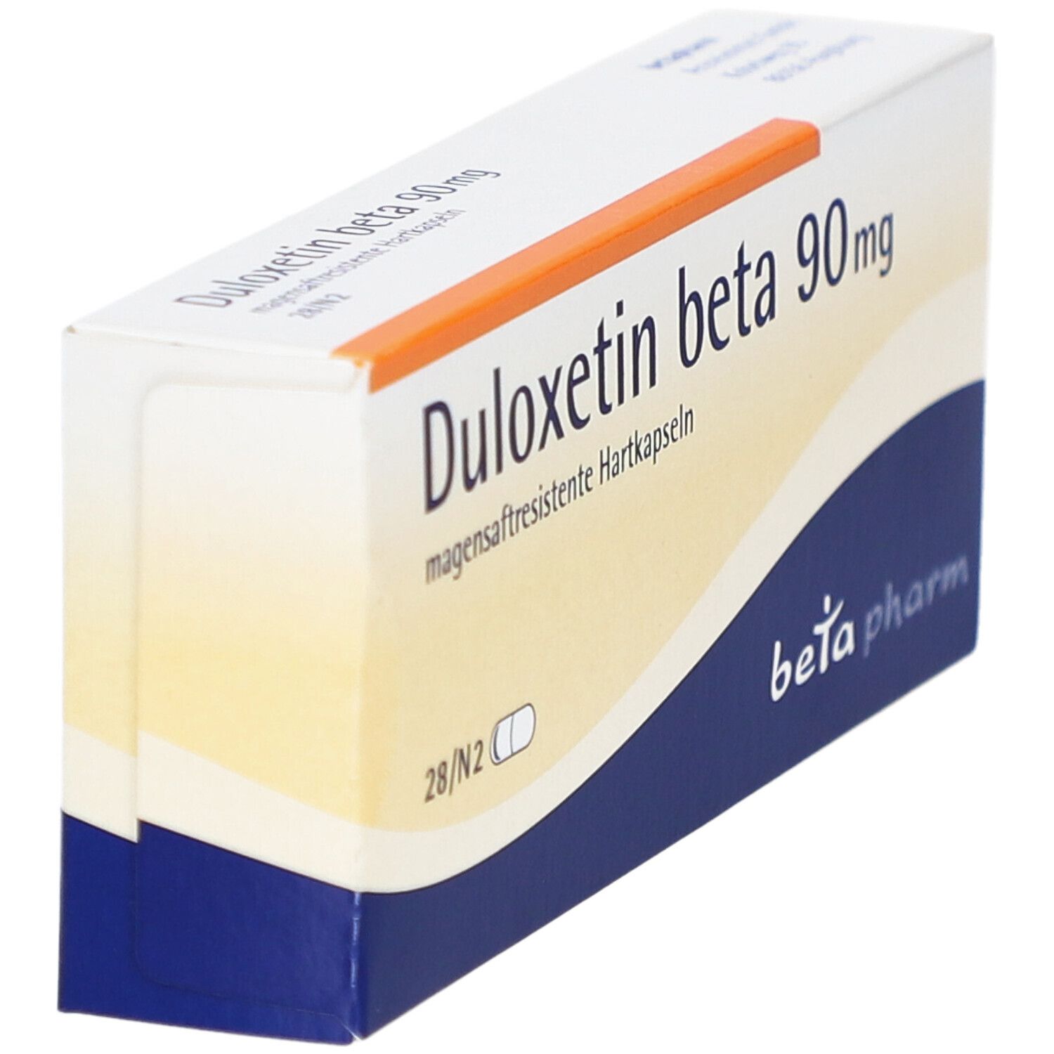 DULOXETIN beta 90 mg Schachtel, schräg. Weiße Verpackung mit blauen und orangefarbenen Elementen. beta pharm Logo.