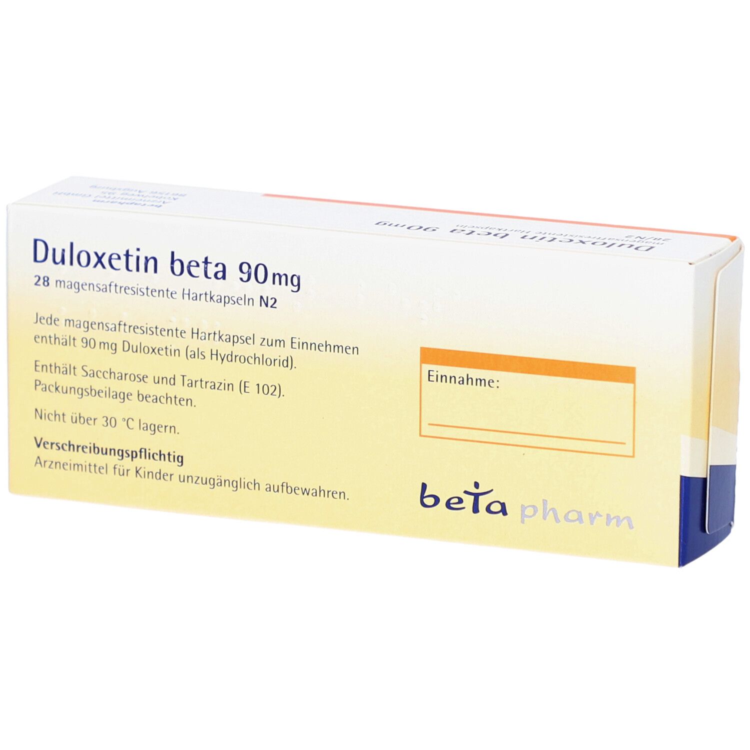 DULOXETIN beta 90 mg Schachtel mit Text. Weiße Verpackung mit blauen und orangefarbenen Elementen. beta pharm Logo.