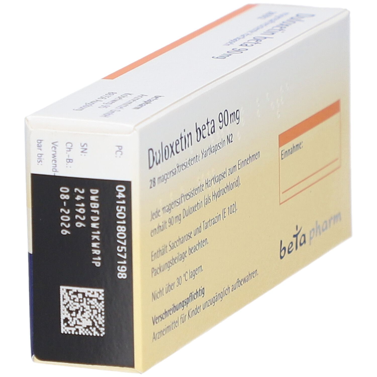 DULOXETIN beta 90 mg Schachtel, Detail. Weiße Verpackung mit blauen und orangefarbenen Elementen. beta pharm Logo.