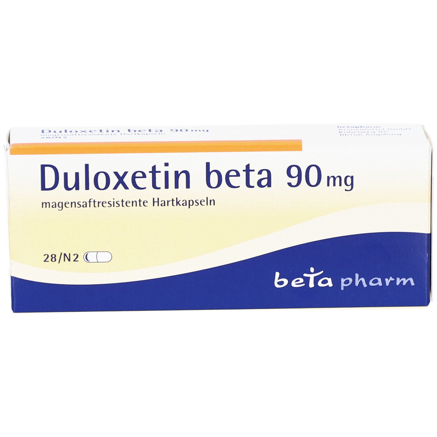 DULOXETIN beta 90 mg Schachtel. Weiße Verpackung mit blauen und orangefarbenen Elementen. beta pharm Logo.