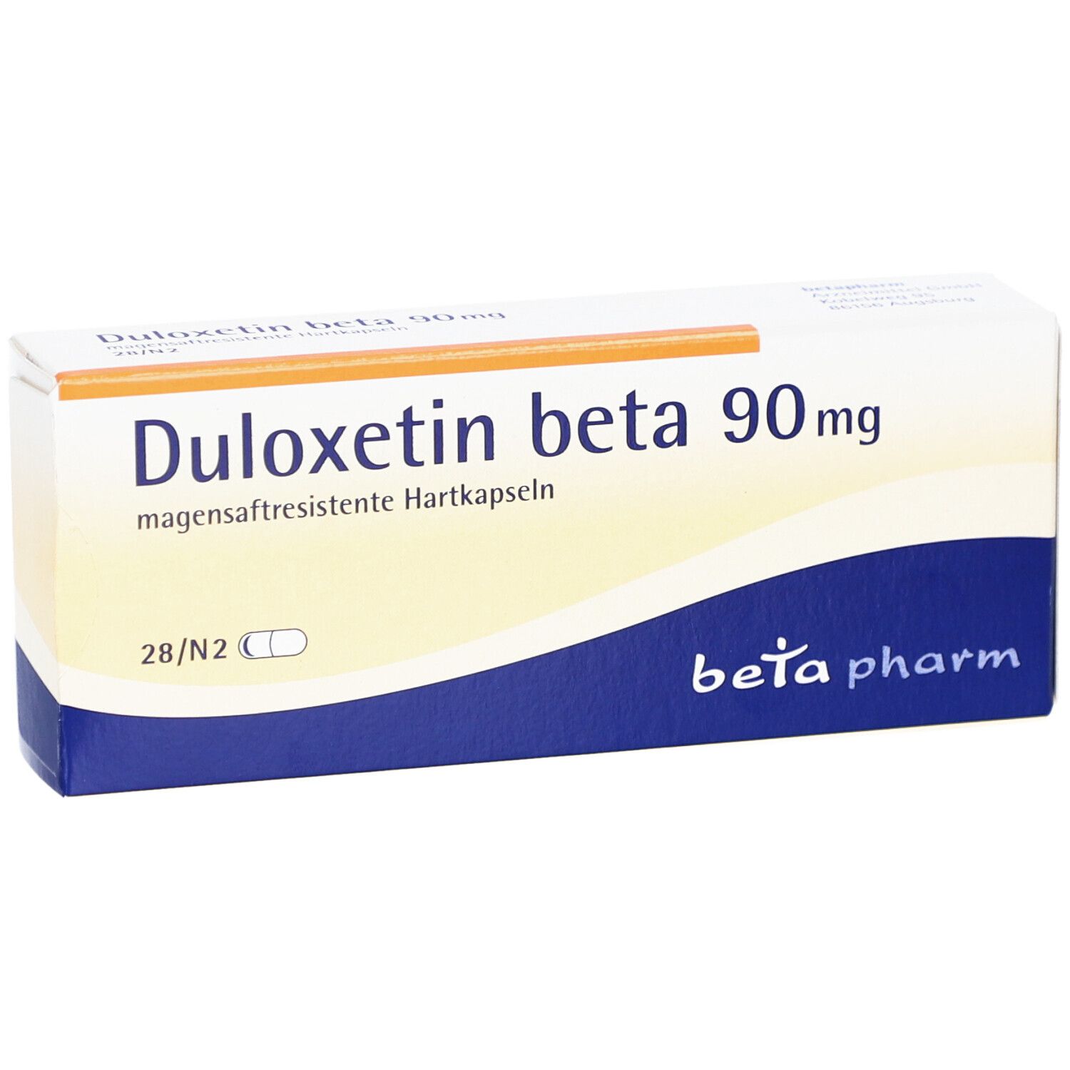 DULOXETIN beta 90 mg Schachtel. Weiße Verpackung mit blauen und orangefarbenen Elementen. beta pharm Logo.