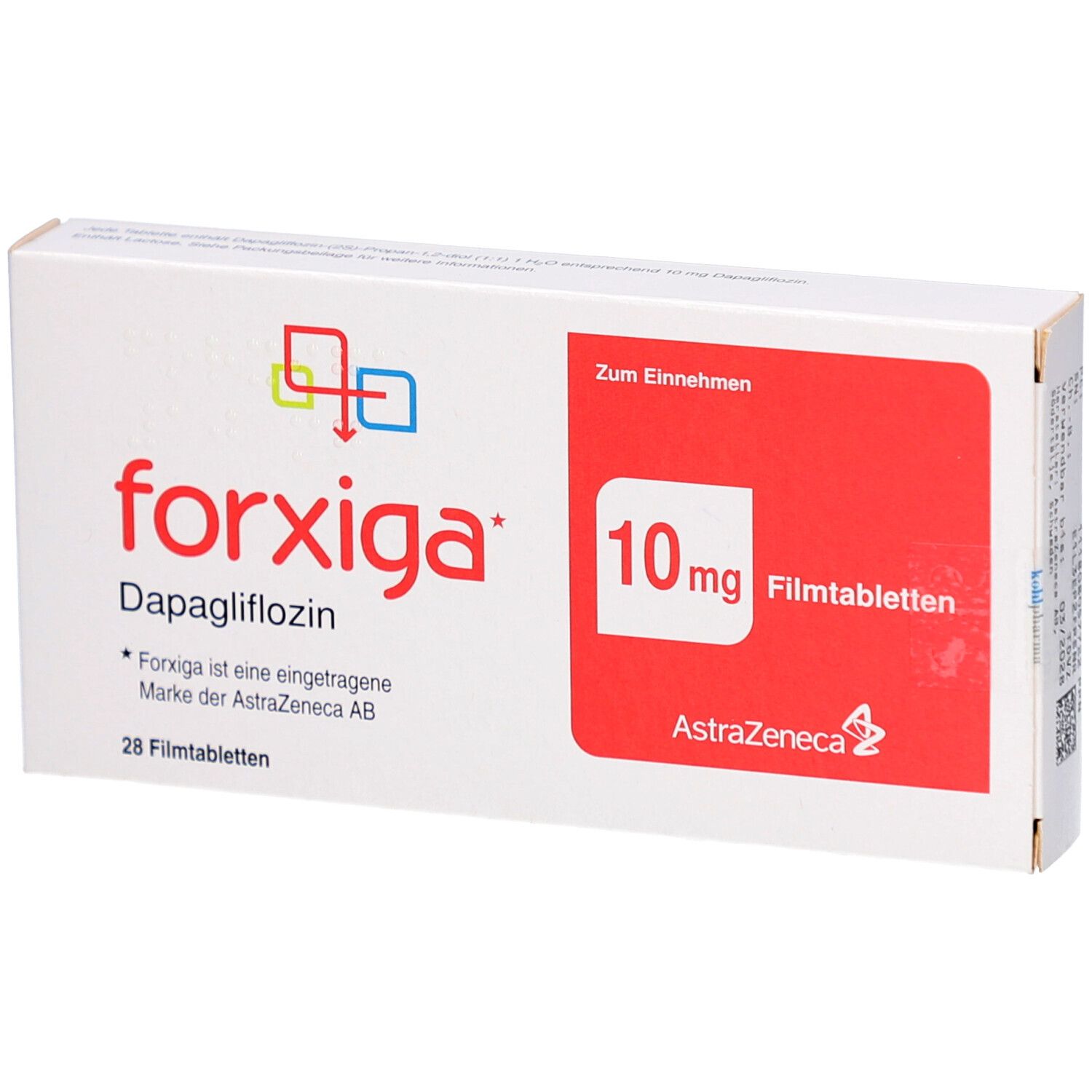Schachtel mit "forxiga" und "10 mg Filmtabletten". Roter Bereich mit Text. AstraZeneca Logo.