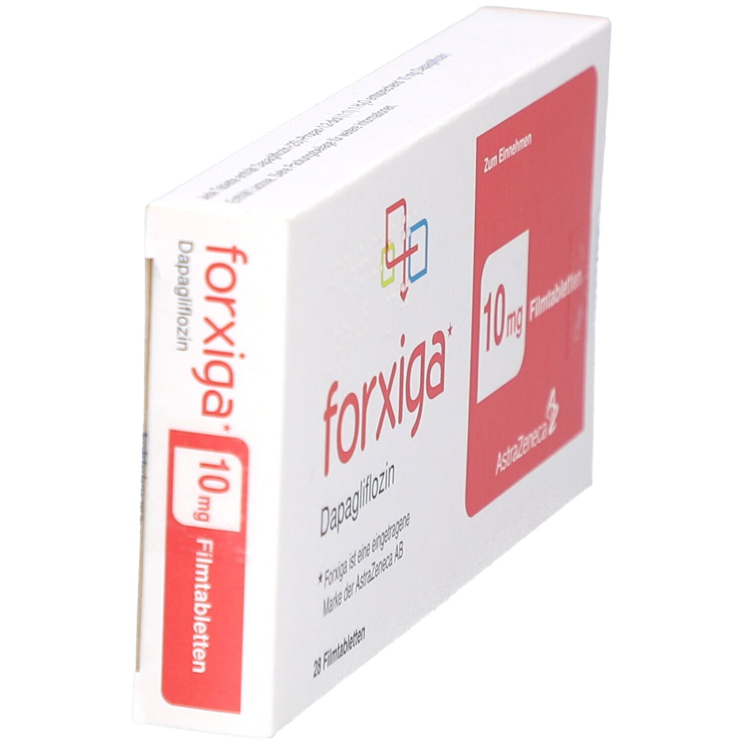 Schachtel "forxiga" 10 mg Filmtabletten. Roter Bereich mit Text. Seitenansicht.
