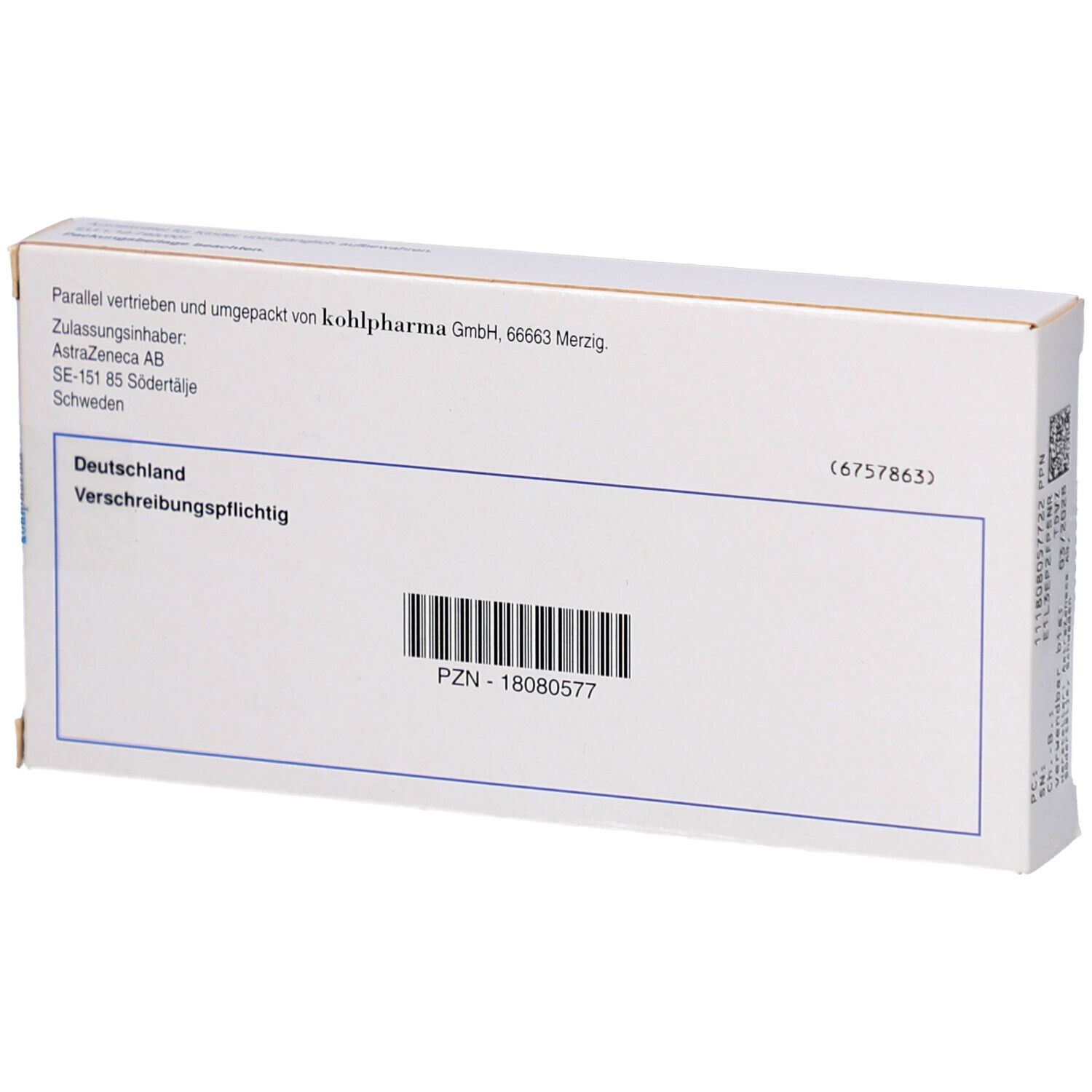 Rückseite der Schachtel. Text und Barcode. Herstellerinformationen.