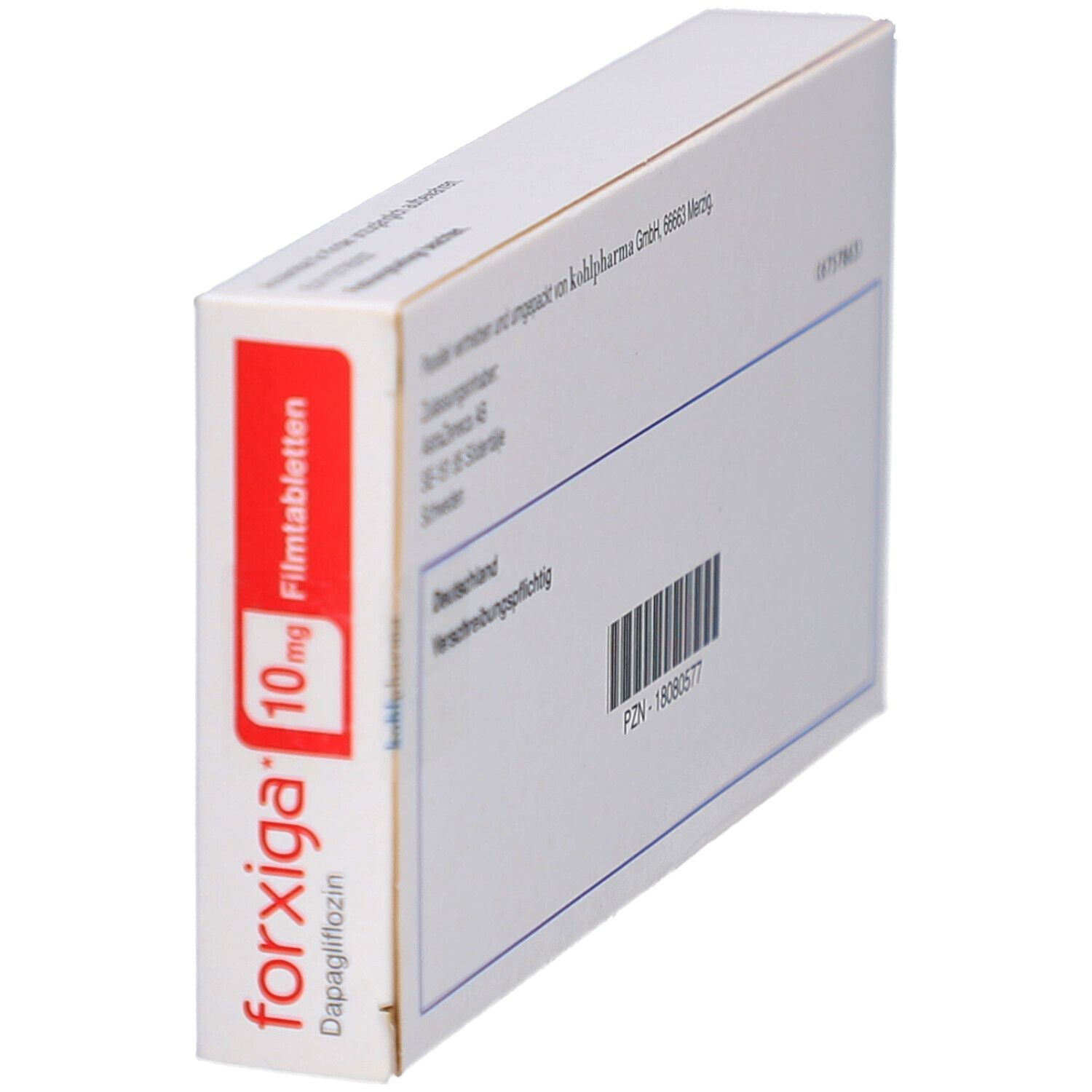 Schachtel "forxiga" 10 mg Filmtabletten. Roter Bereich mit Text. Seitenansicht.