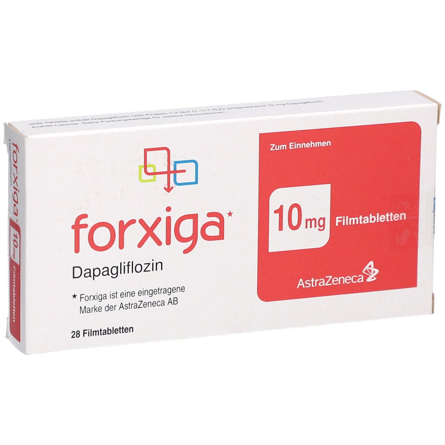 Schachtel mit "forxiga" und "10 mg Filmtabletten". Roter Bereich mit Text. AstraZeneca Logo.