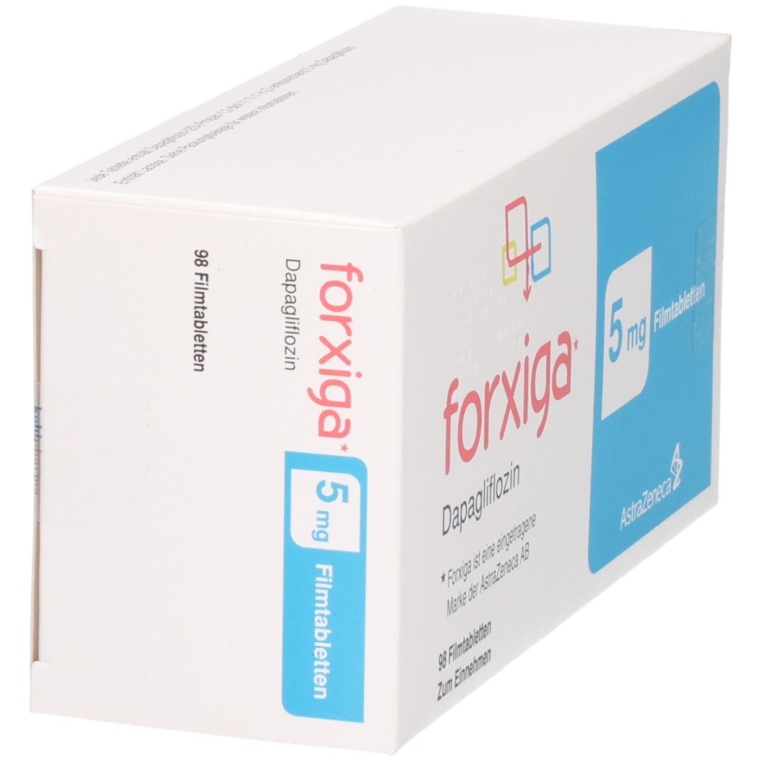 Forxiga 5 mg Filmtabletten Schachtel mit 98 Tabletten.