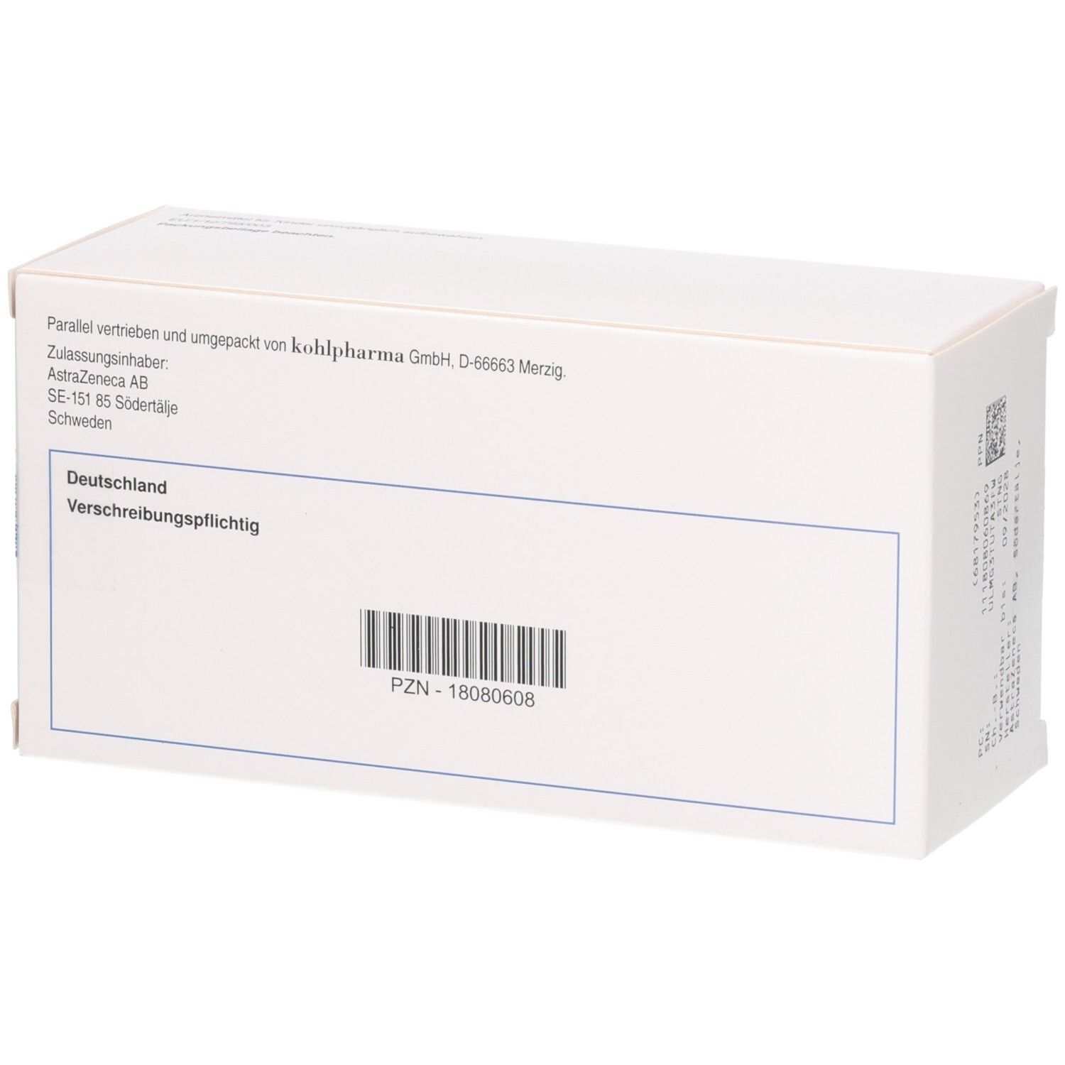 Weiße Medikamentenverpackung mit Barcode und PZN-Nummer