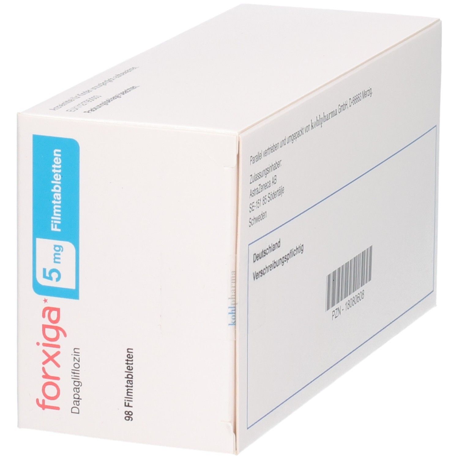 Packung Forxiga 5mg Dapagliflozin Filmtabletten, 98 Stück.
