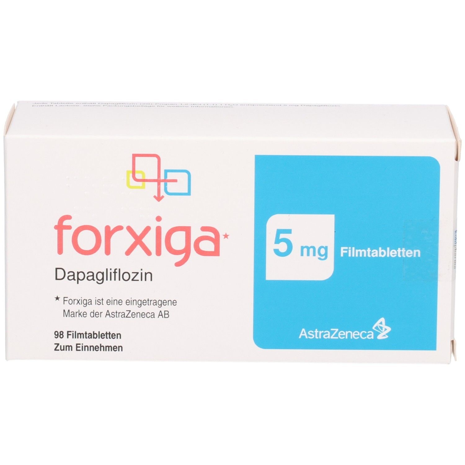 Forxiga 5 mg Filmtabletten, 98 Tabletten. Enthält Dapagliflozin. AstraZeneca.