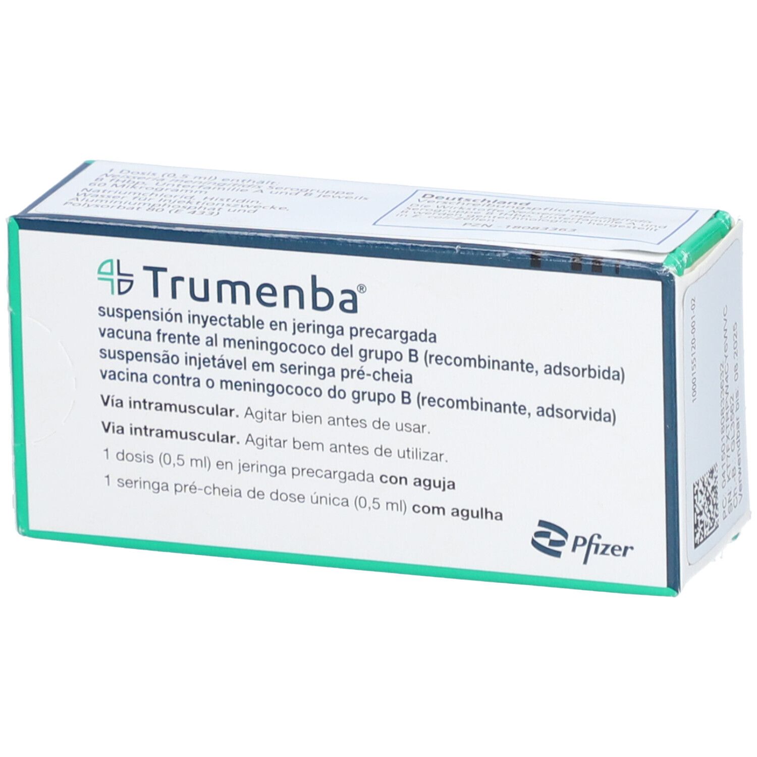 Schachtel mit Trumenba-Aufdruck. Text in mehreren Sprachen. Pfizer-Logo.