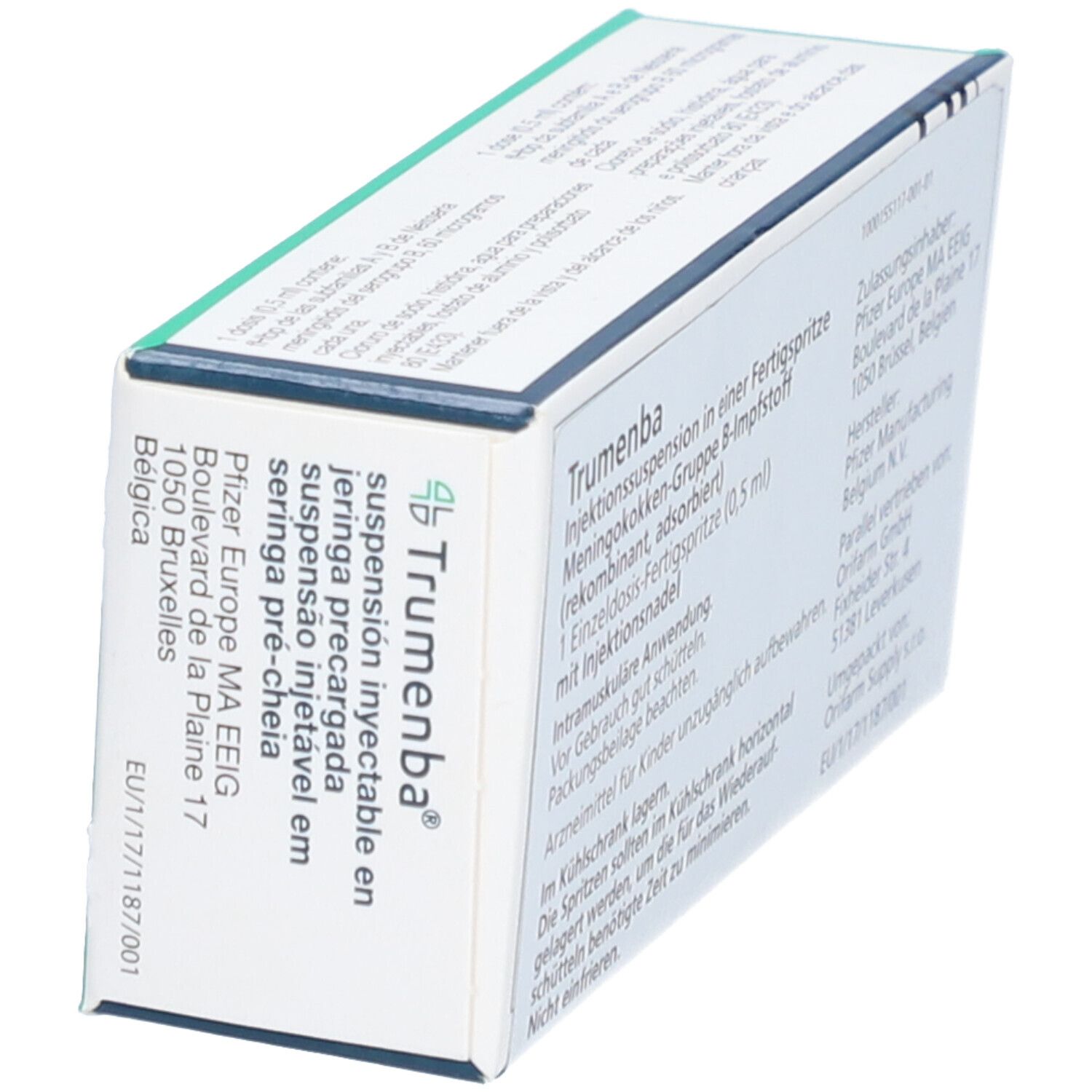 Schachtel Trumenba, schräg. Text in mehreren Sprachen. Pfizer-Logo.