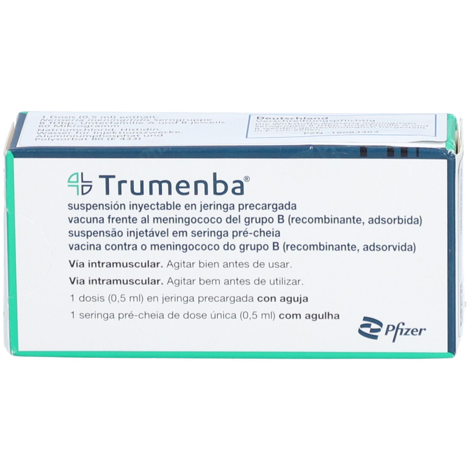 Schachtel mit Trumenba-Aufdruck. Text in mehreren Sprachen. Pfizer-Logo.