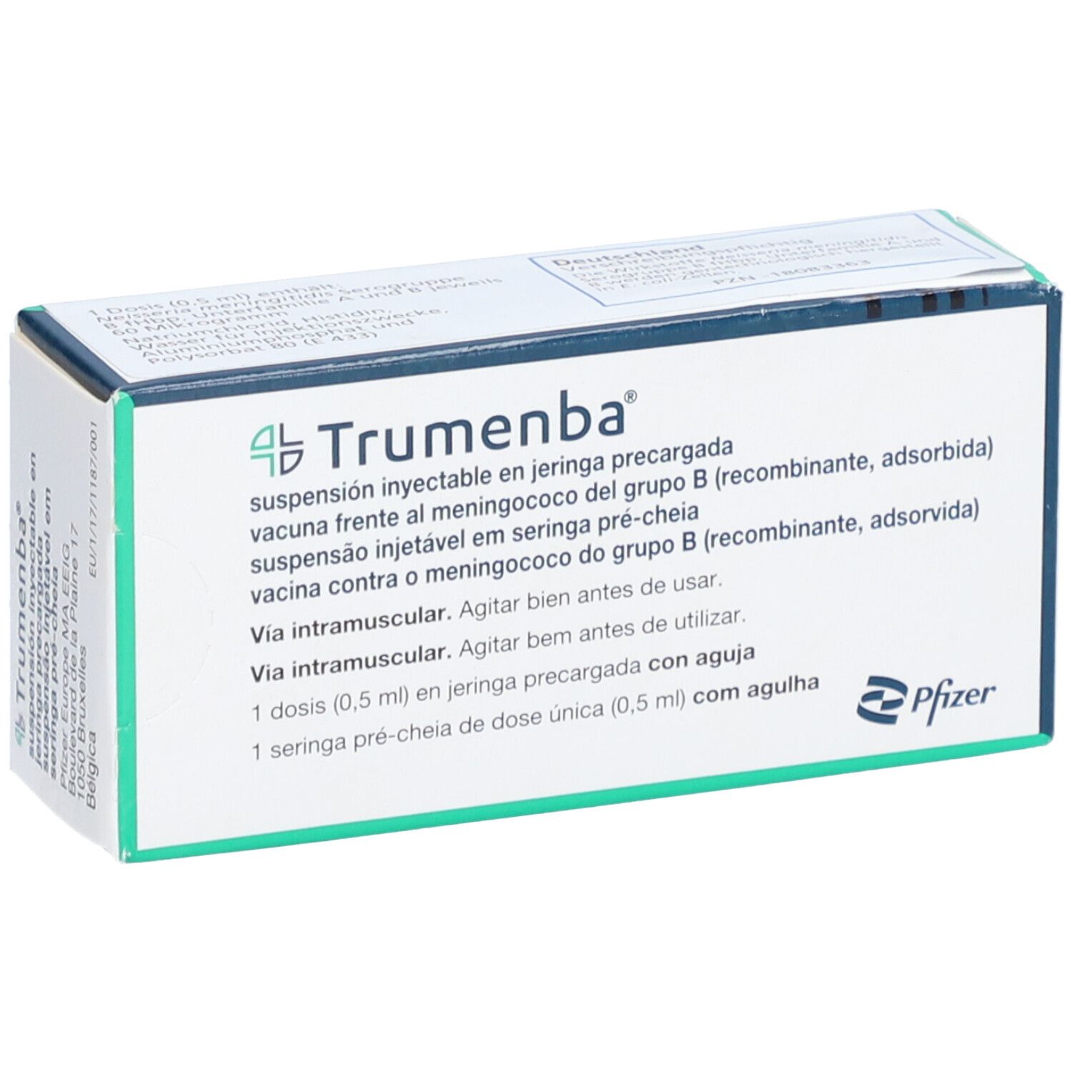 Schachtel mit Trumenba-Aufdruck. Text in mehreren Sprachen. Pfizer-Logo.