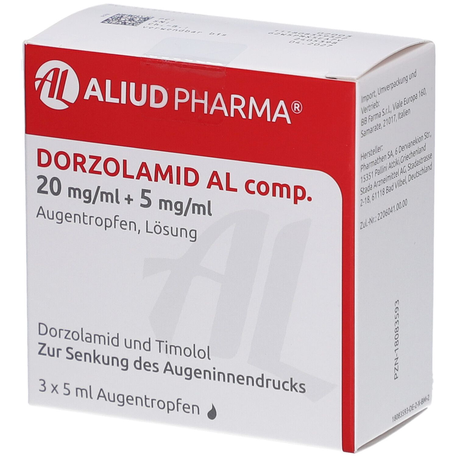 Weiße Schachtel mit rotem Streifen. Aufdruck: DORZOLAMID AL comp. 20 mg/ml + 5 mg/ml Augentropfen. 3 x 5 ml.