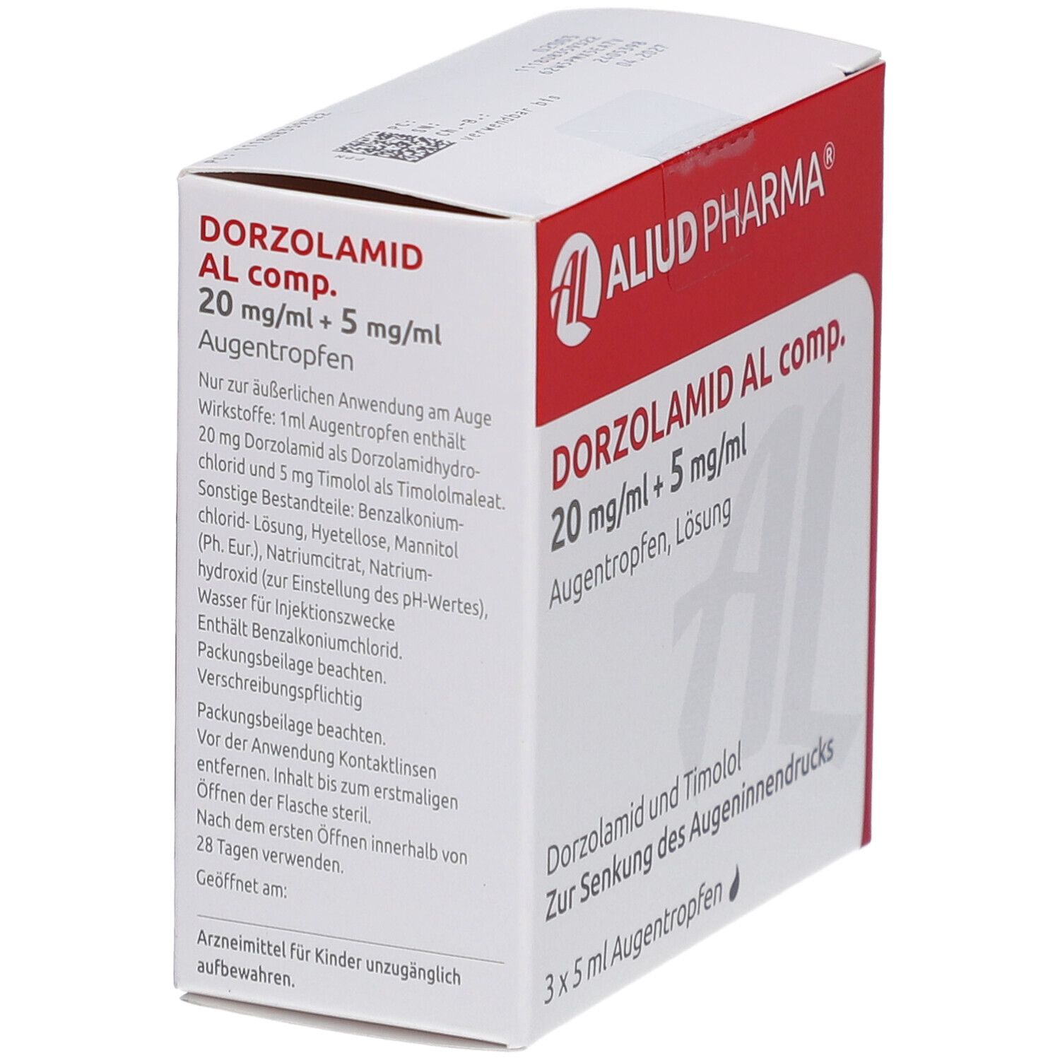 Weiße Schachtel mit rotem Streifen. Aufdruck: DORZOLAMID AL comp. 20 mg/ml + 5 mg/ml Augentropfen. Text auf der Seite.