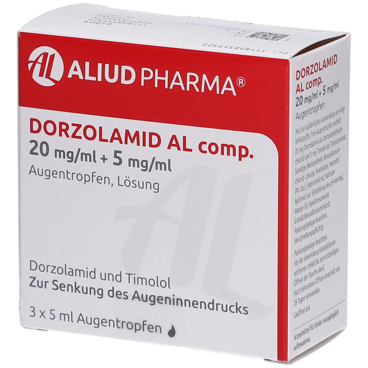Weiße Schachtel mit rotem Streifen. Aufdruck: DORZOLAMID AL comp. 20 mg/ml + 5 mg/ml Augentropfen. Text auf der Seite.