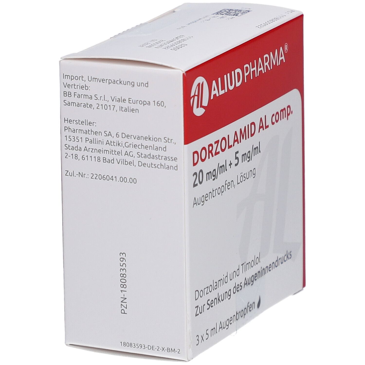 Weiße Schachtel mit rotem Streifen. Aufdruck: DORZOLAMID AL comp. 20 mg/ml + 5 mg/ml Augentropfen. Text auf der Seite.