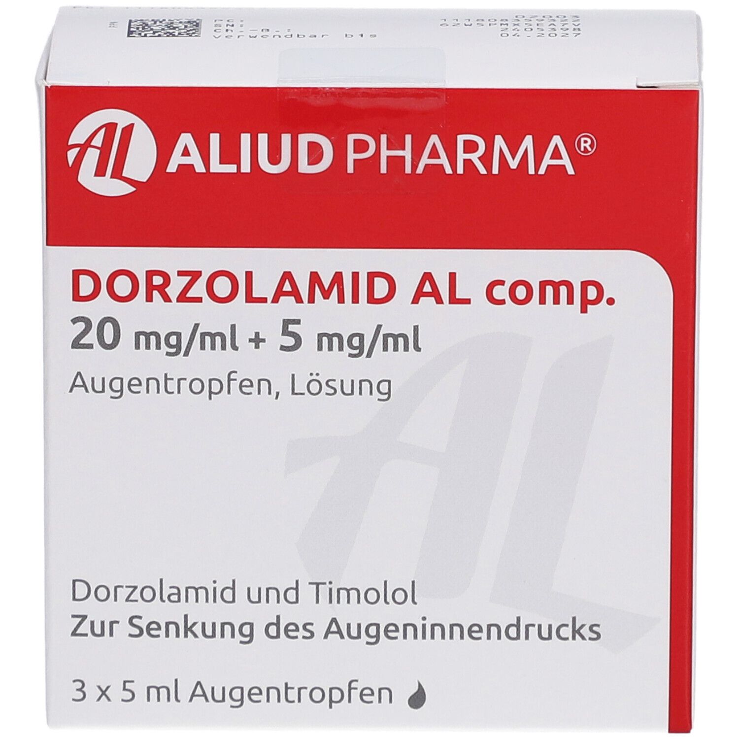 Weiße Schachtel mit rotem Streifen. Aufdruck: DORZOLAMID AL comp. 20 mg/ml + 5 mg/ml Augentropfen. 3 x 5 ml.