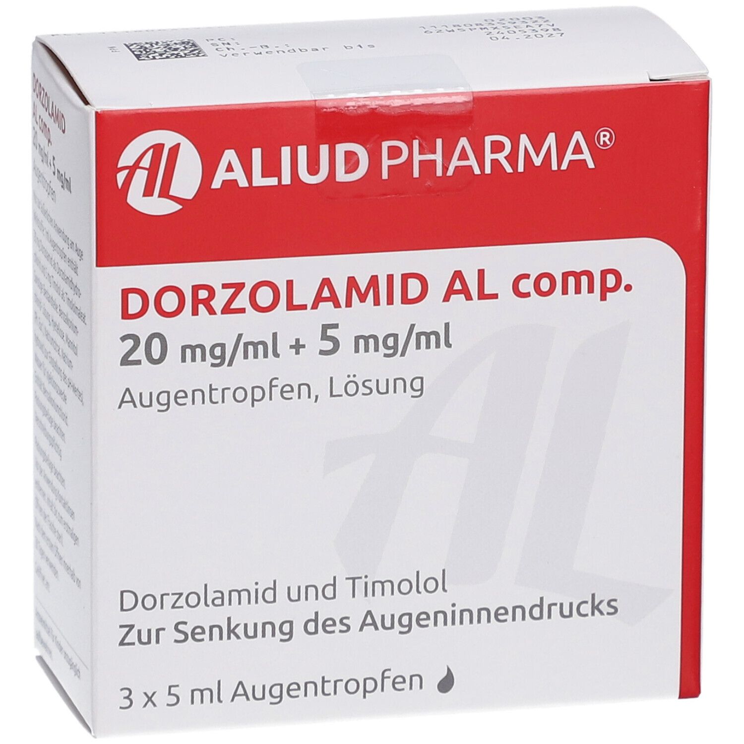 Weiße Schachtel mit rotem Streifen. Aufdruck: DORZOLAMID AL comp. 20 mg/ml + 5 mg/ml Augentropfen. 3 x 5 ml.