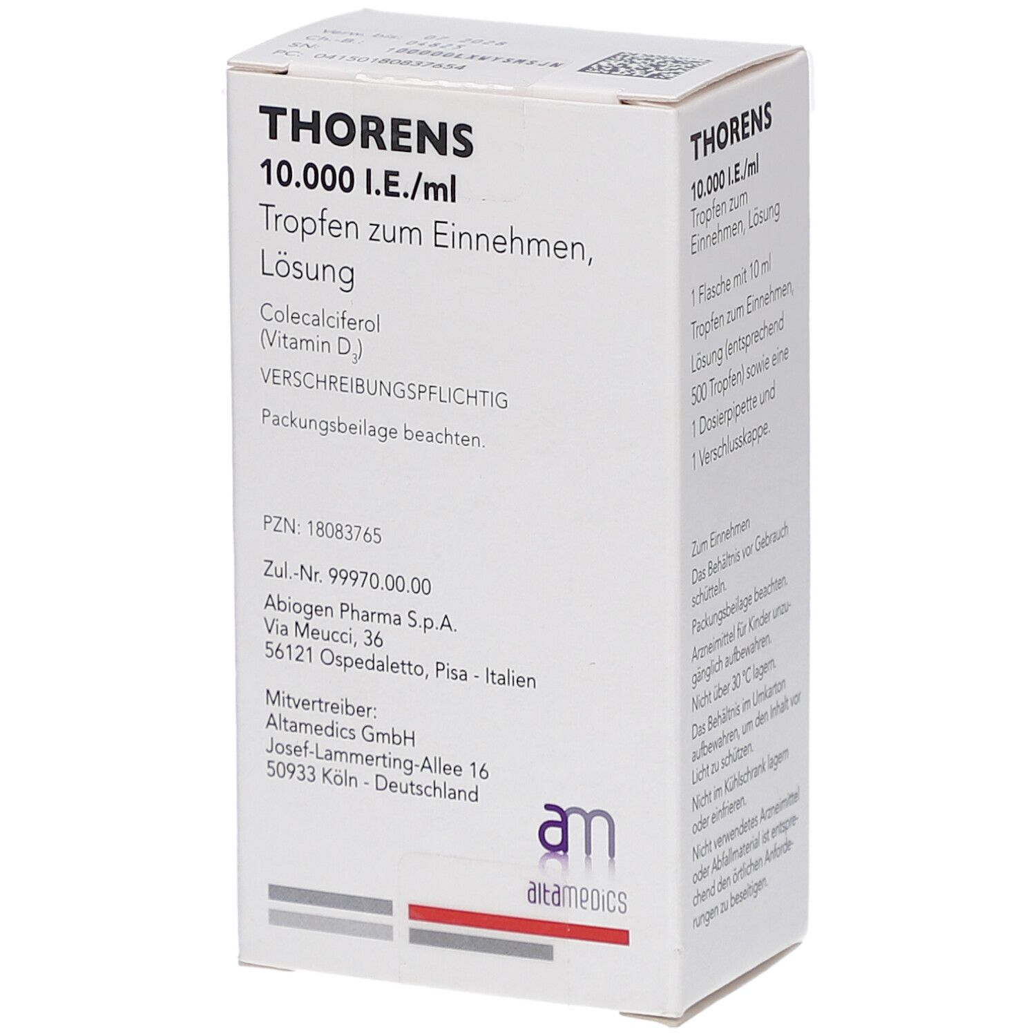 Weiße Faltschachtel mit Produktinformationen. Aufschrift: THORENS 10.000 I.E./ml Tropfen. Enthält Colecalciferol (Vitamin D).