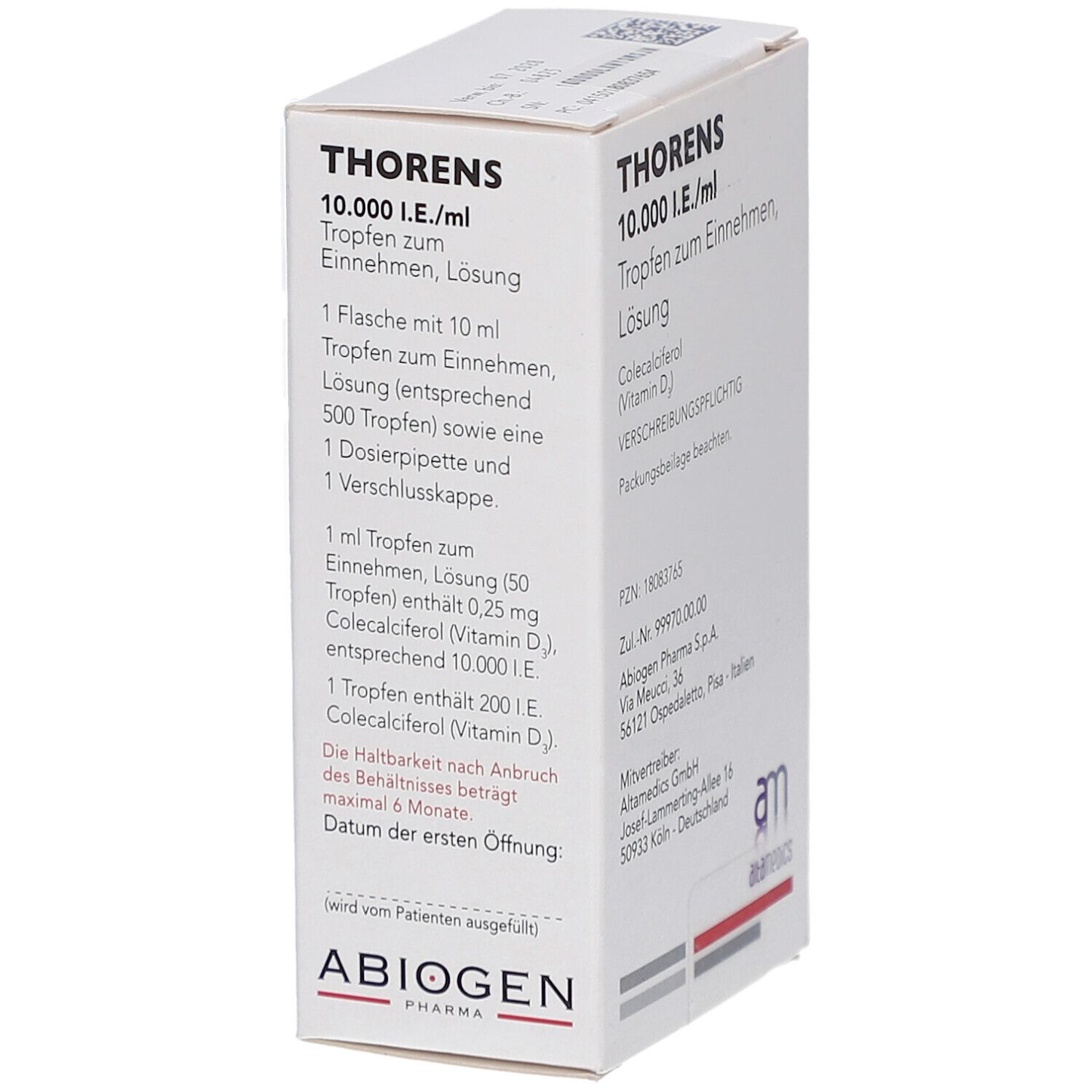 Weiße Faltschachtel mit Produktinformationen. Aufschrift: THORENS 10.000 I.E./ml Tropfen. Enthält Colecalciferol (Vitamin D).