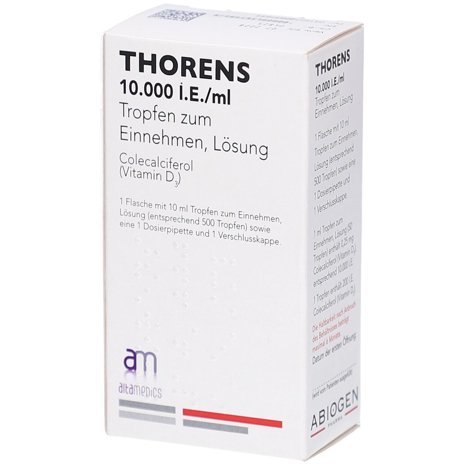 Weiße Faltschachtel mit Produktinformationen. Aufschrift: THORENS 10.000 I.E./ml Tropfen. Enthält Colecalciferol (Vitamin D).
