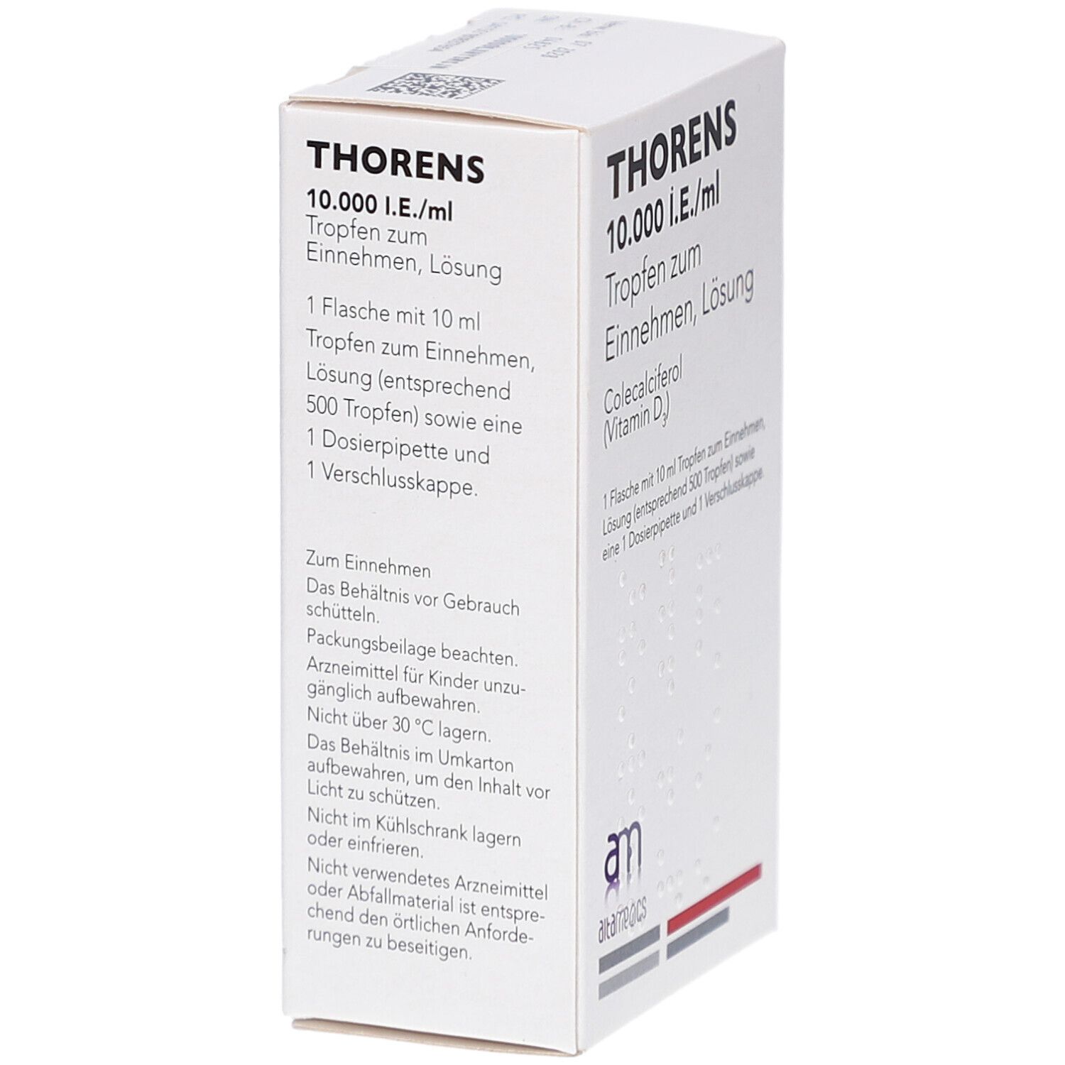 Weiße Faltschachtel mit Produktinformationen. Aufschrift: THORENS 10.000 I.E./ml Tropfen. Enthält Colecalciferol (Vitamin D).