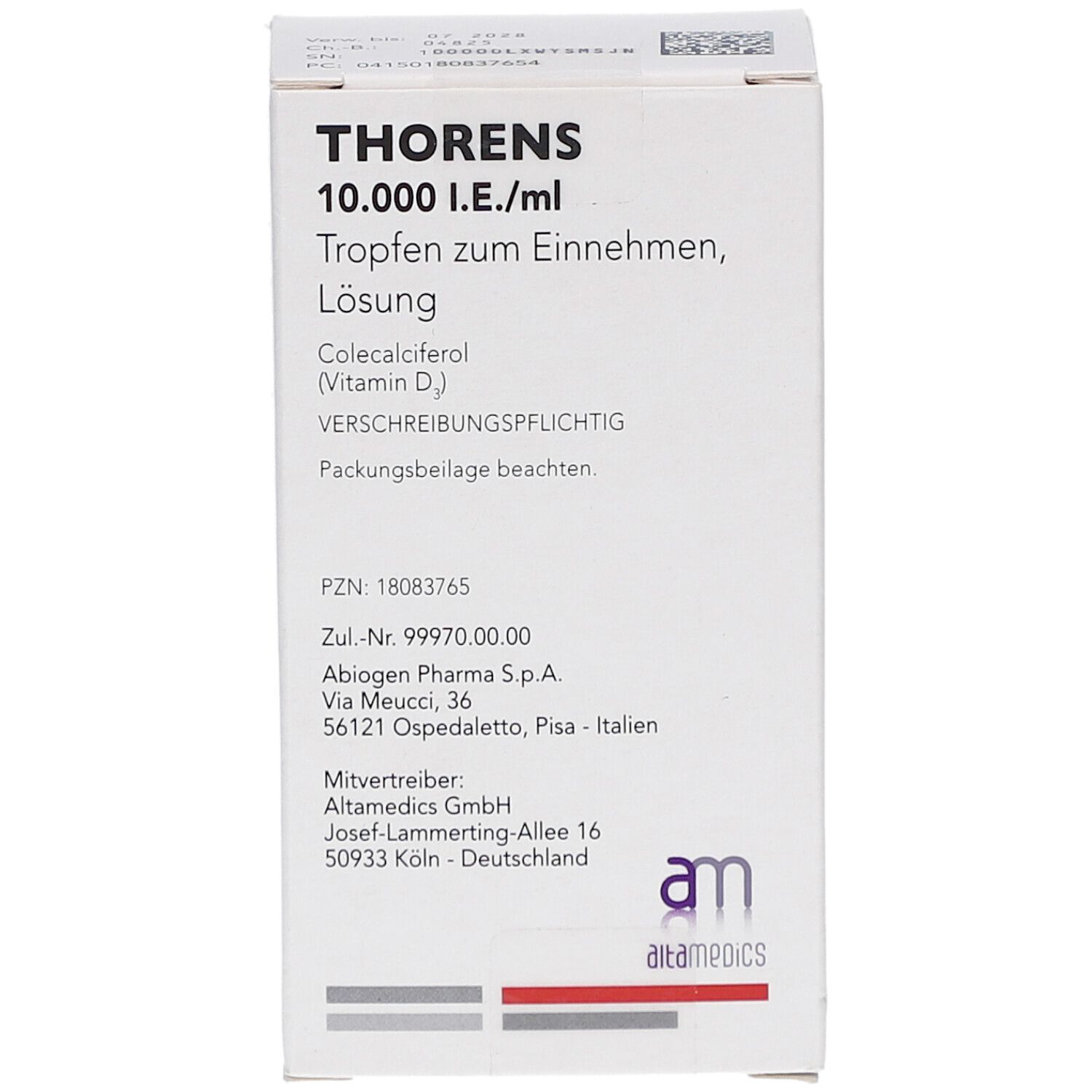 Weiße Faltschachtel mit Produktinformationen. Aufschrift: THORENS 10.000 I.E./ml Tropfen. Enthält Colecalciferol (Vitamin D).