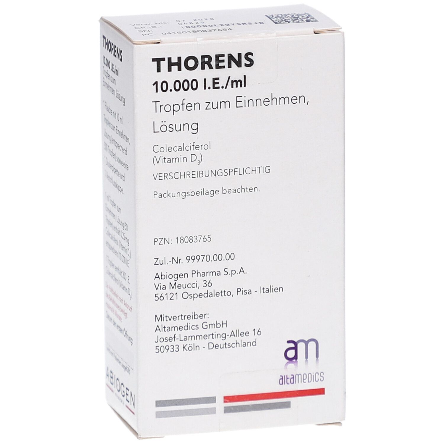 Weiße Faltschachtel mit Produktinformationen. Aufschrift: THORENS 10.000 I.E./ml Tropfen. Enthält Colecalciferol (Vitamin D).