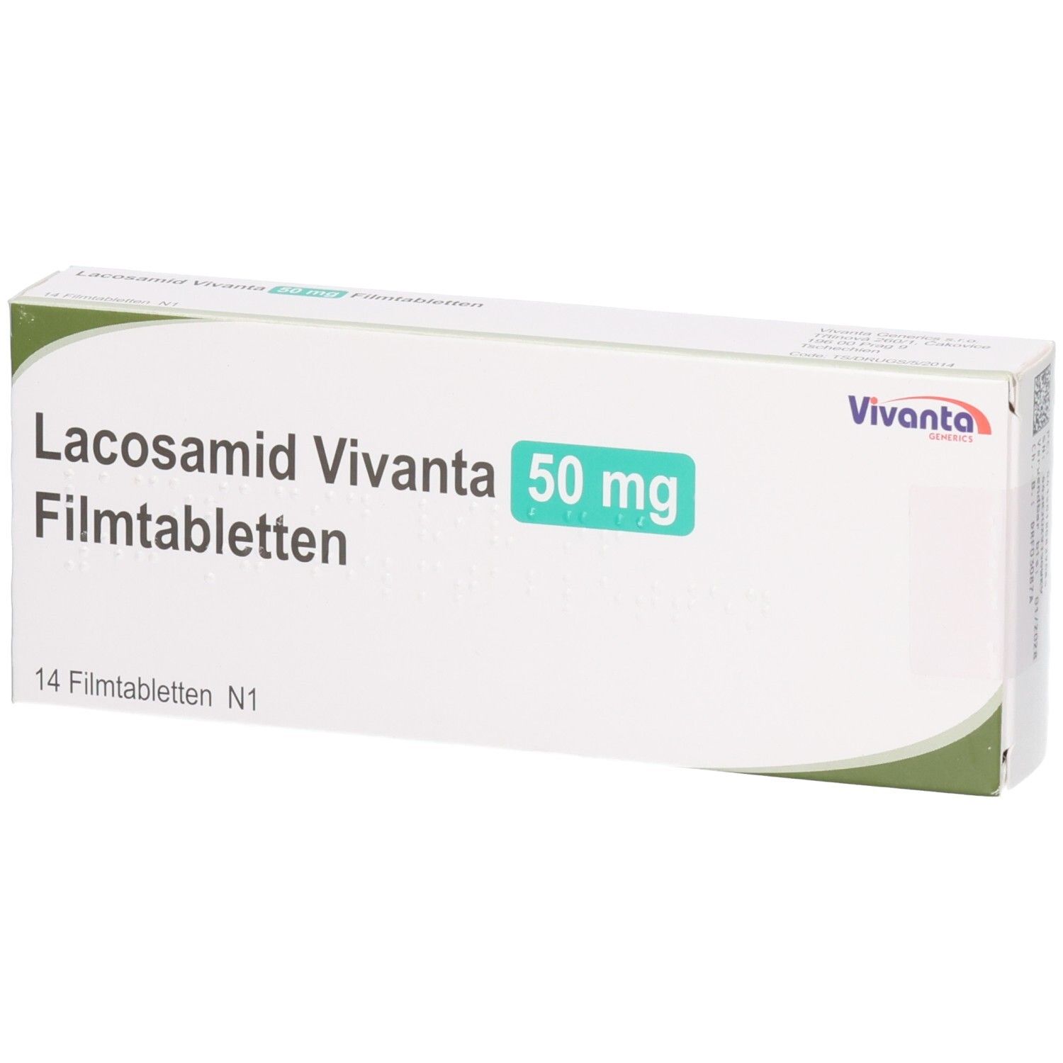 Lacosamid Vivanta 50 mg Filmtabletten Verpackung, 14 Filmtabletten N1.