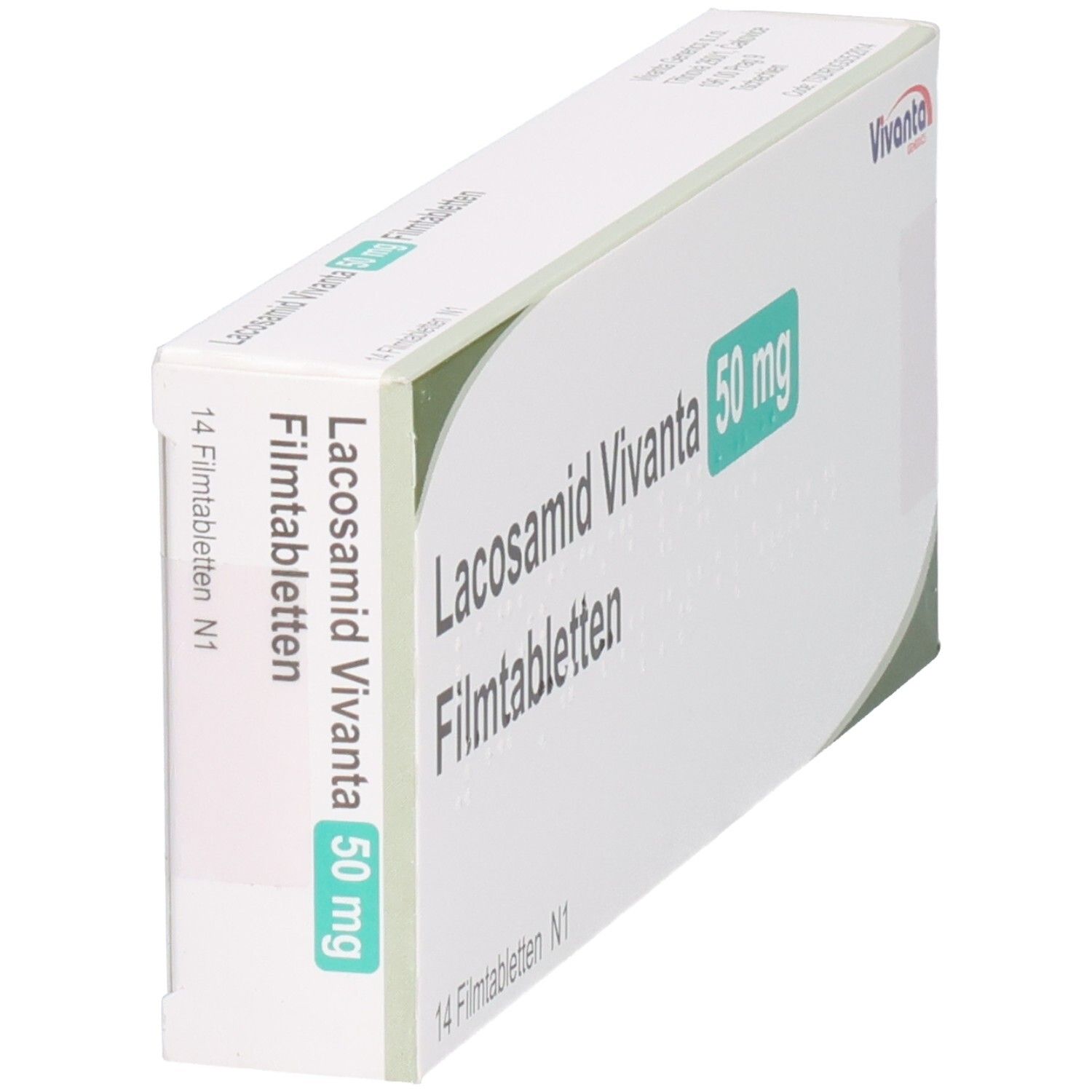 Lacosamid Vivanta 50 mg Filmtabletten Verpackung, seitliche Ansicht, 14 Filmtabletten N1.
