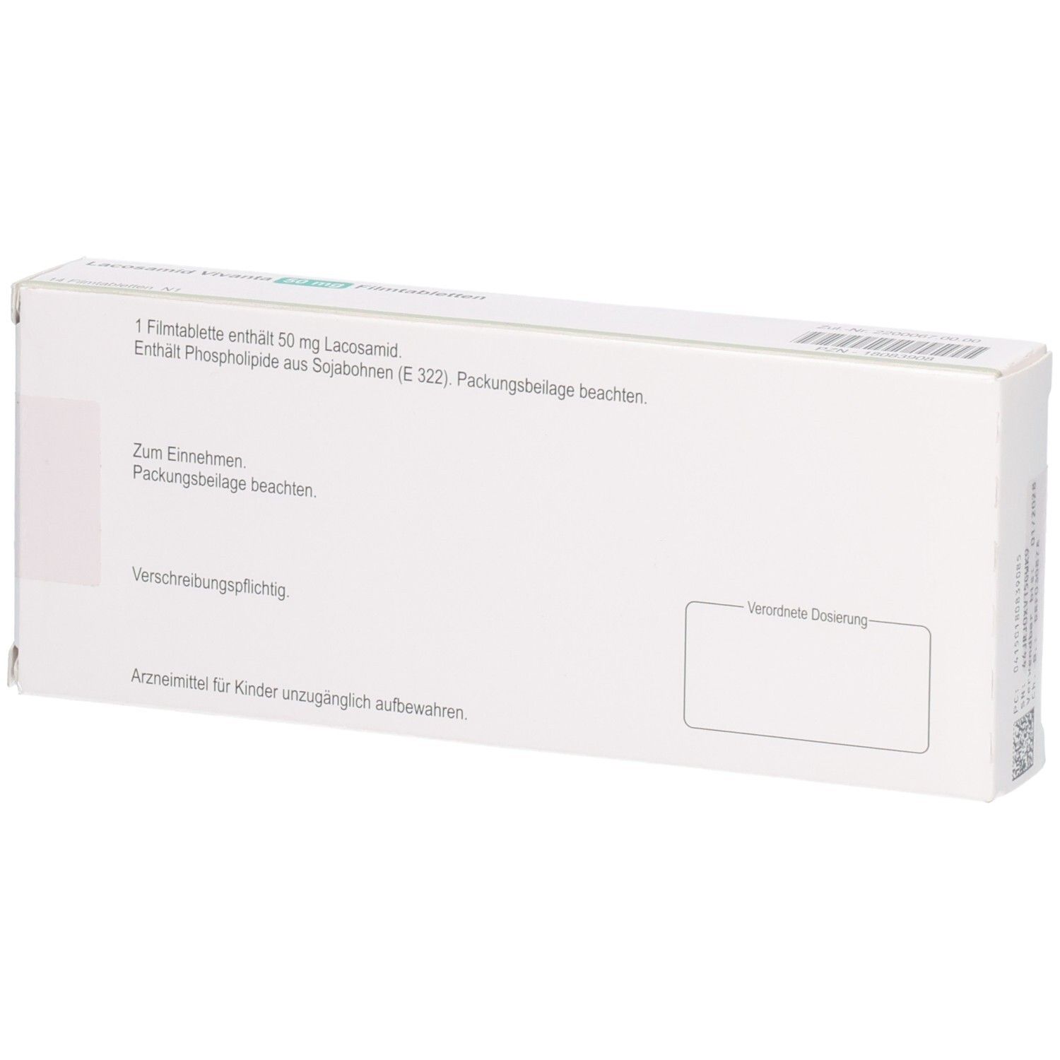 Rückseite der Lacosamid Vivanta 50 mg Filmtabletten Verpackung mit Hinweisen.