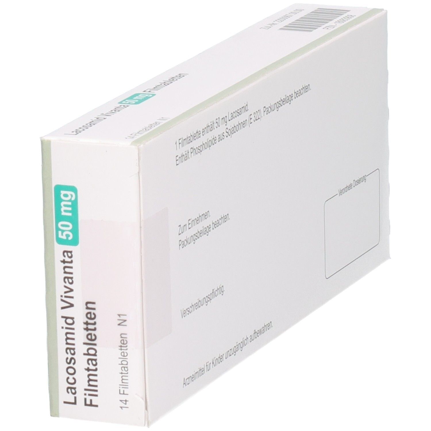 Lacosamid Vivanta 50 mg Filmtabletten Verpackung, schräge Ansicht, 14 Filmtabletten N1.