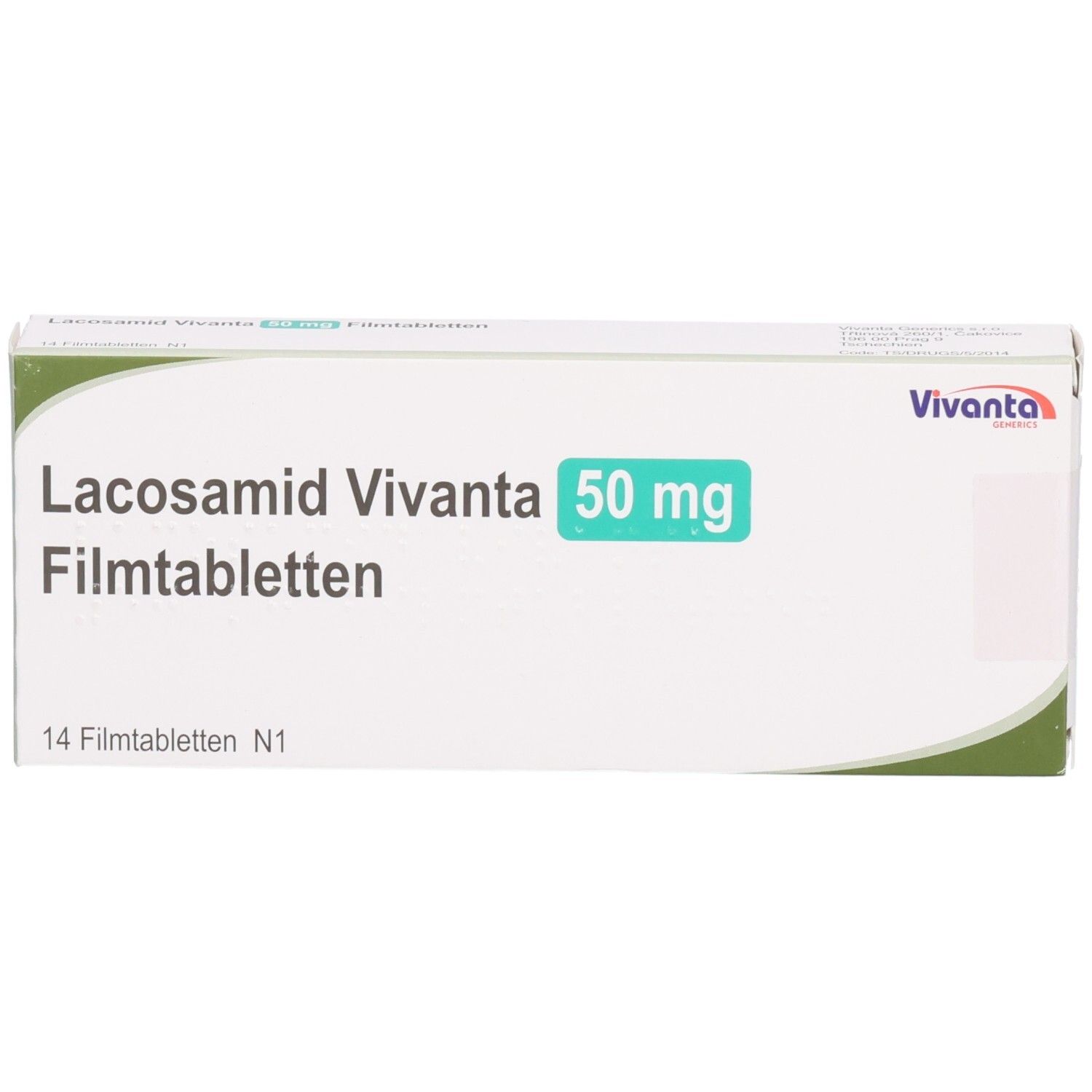 Lacosamid Vivanta 50 mg Filmtabletten Verpackung, 14 Filmtabletten N1.