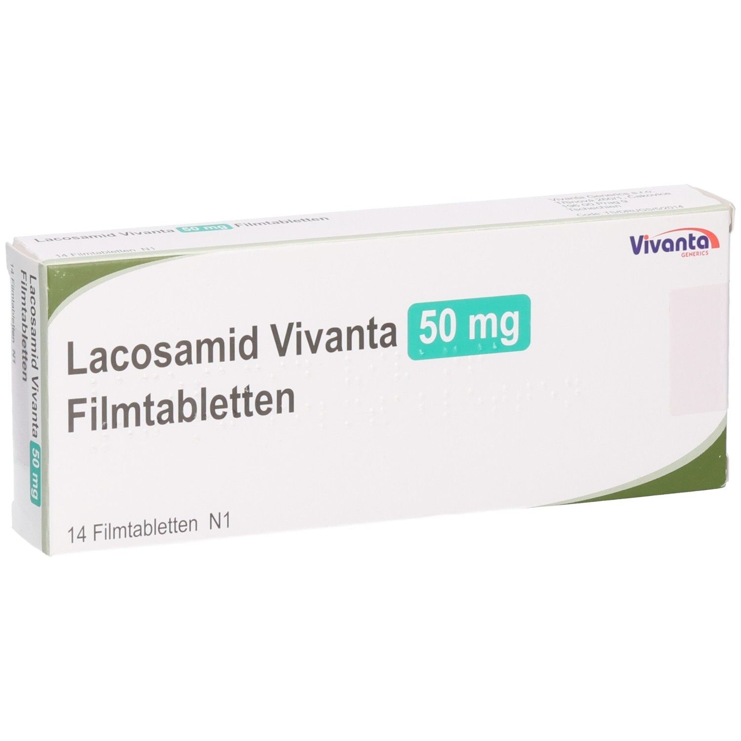 Lacosamid Vivanta 50 mg Filmtabletten Verpackung, 14 Filmtabletten N1.