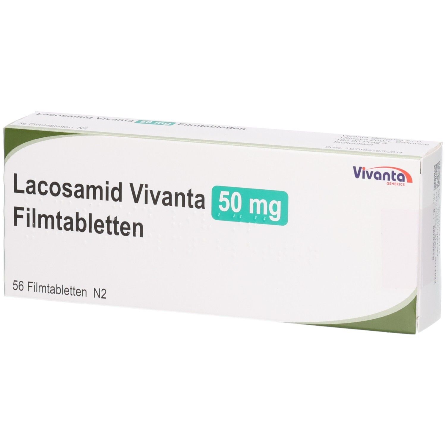 Packung Lacosamid Vivanta 50 mg Filmtabletten, 56 Stück.