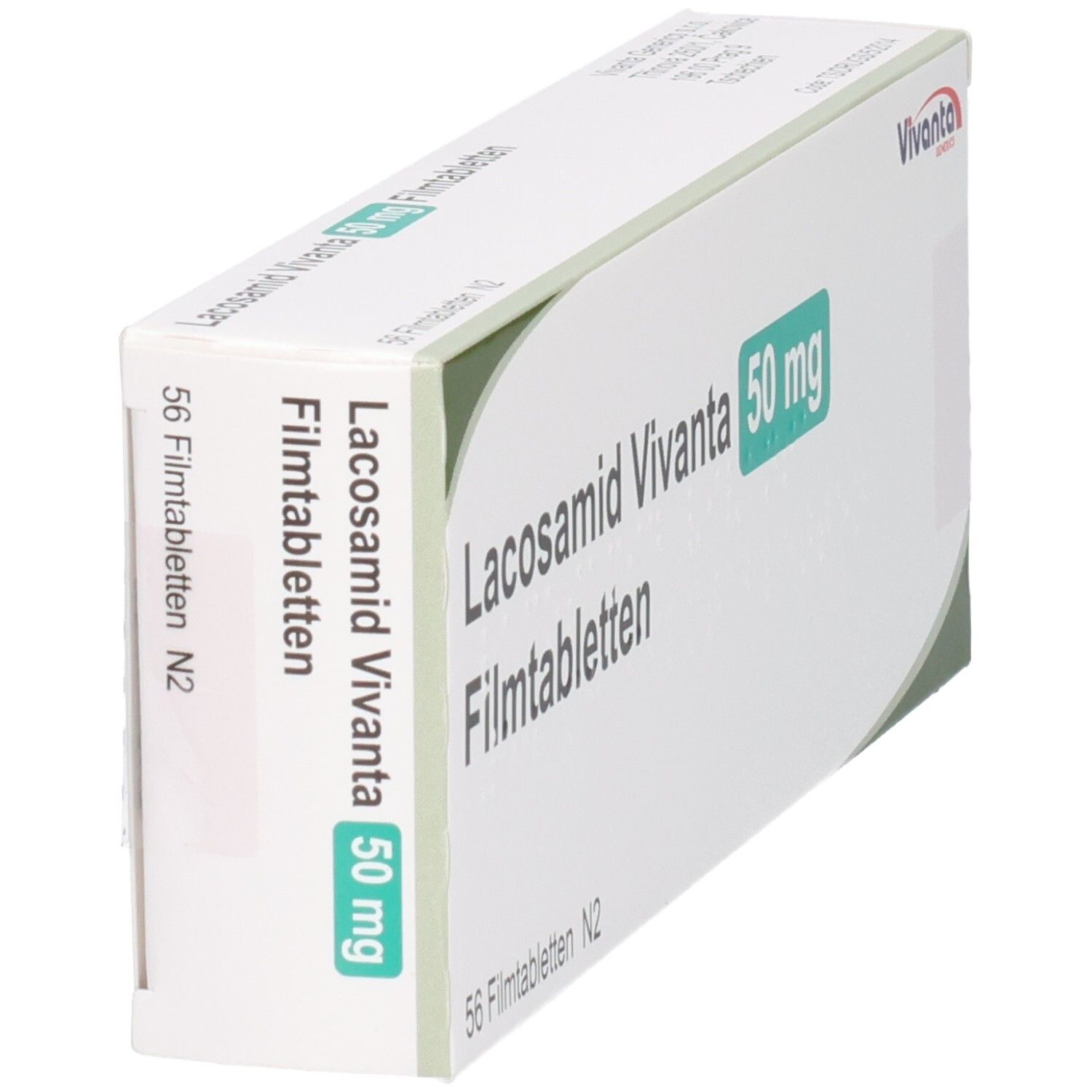 Packung Lacosamid Vivanta 50 mg Filmtabletten, 56 Stück, von der Seite.